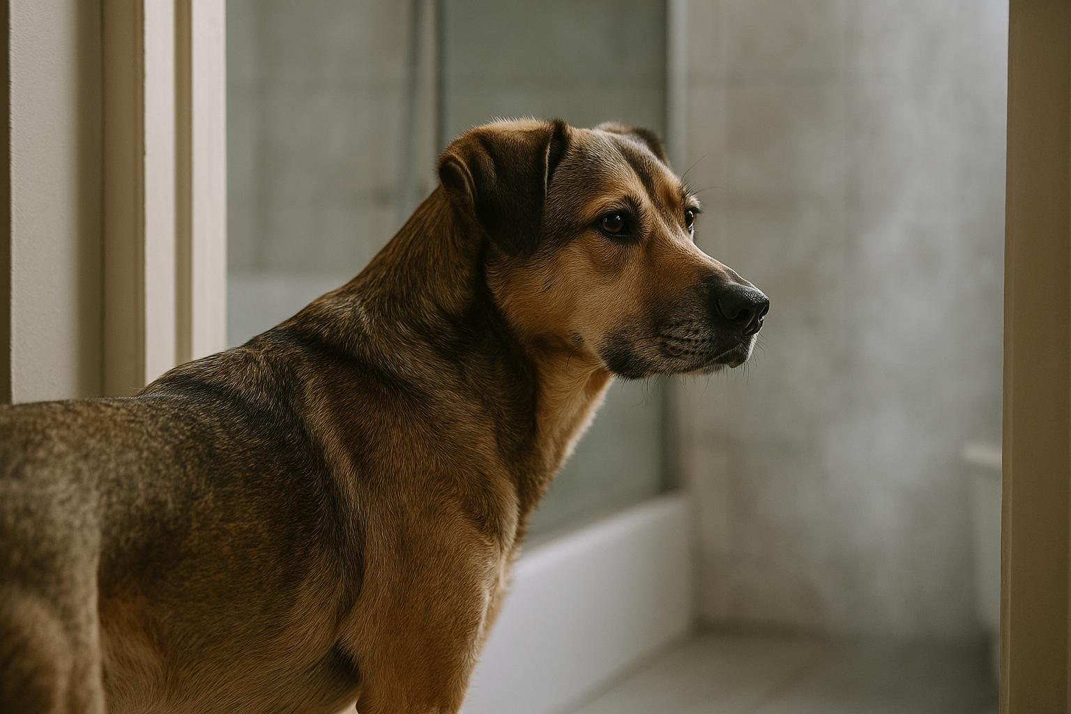 A mixed-breed dog at a bathroom doorway looking toward a steaming shower, photographed in soft natural light.