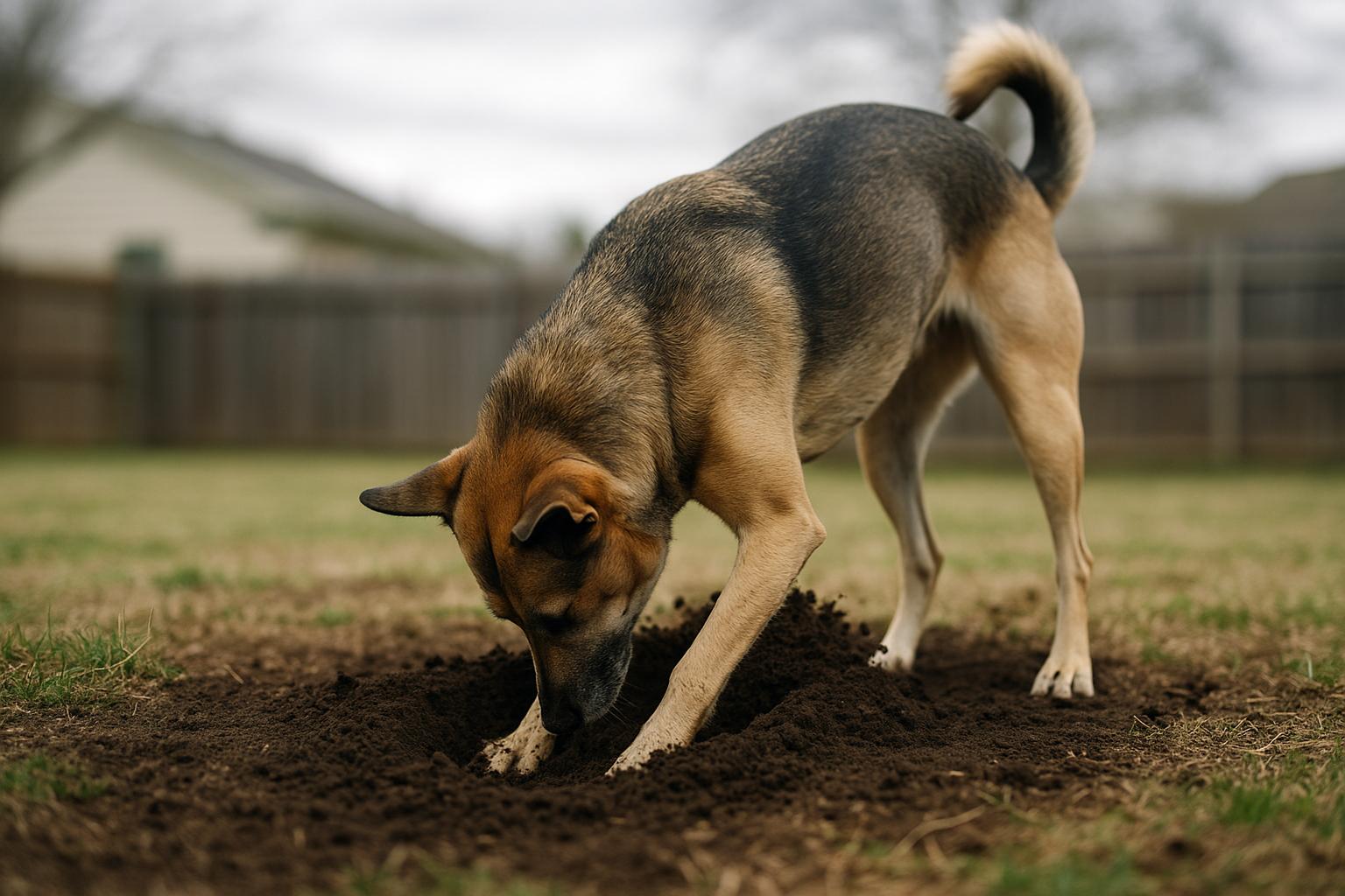 Mixed-breed dog digging in a suburban backyard, nose close to soil and paws pushing up dirt