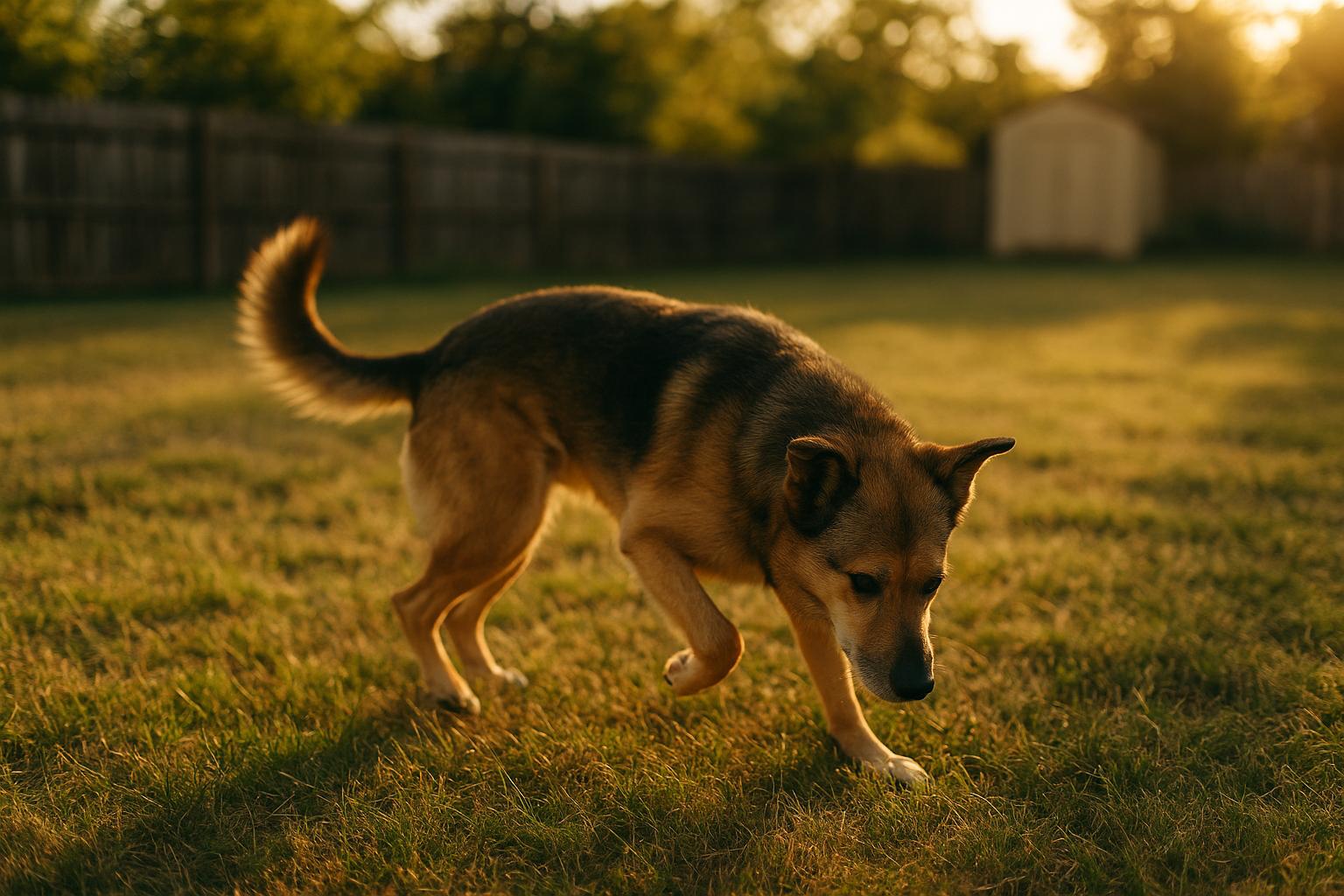 Mixed-breed dog circling a yard before lying down during golden hour