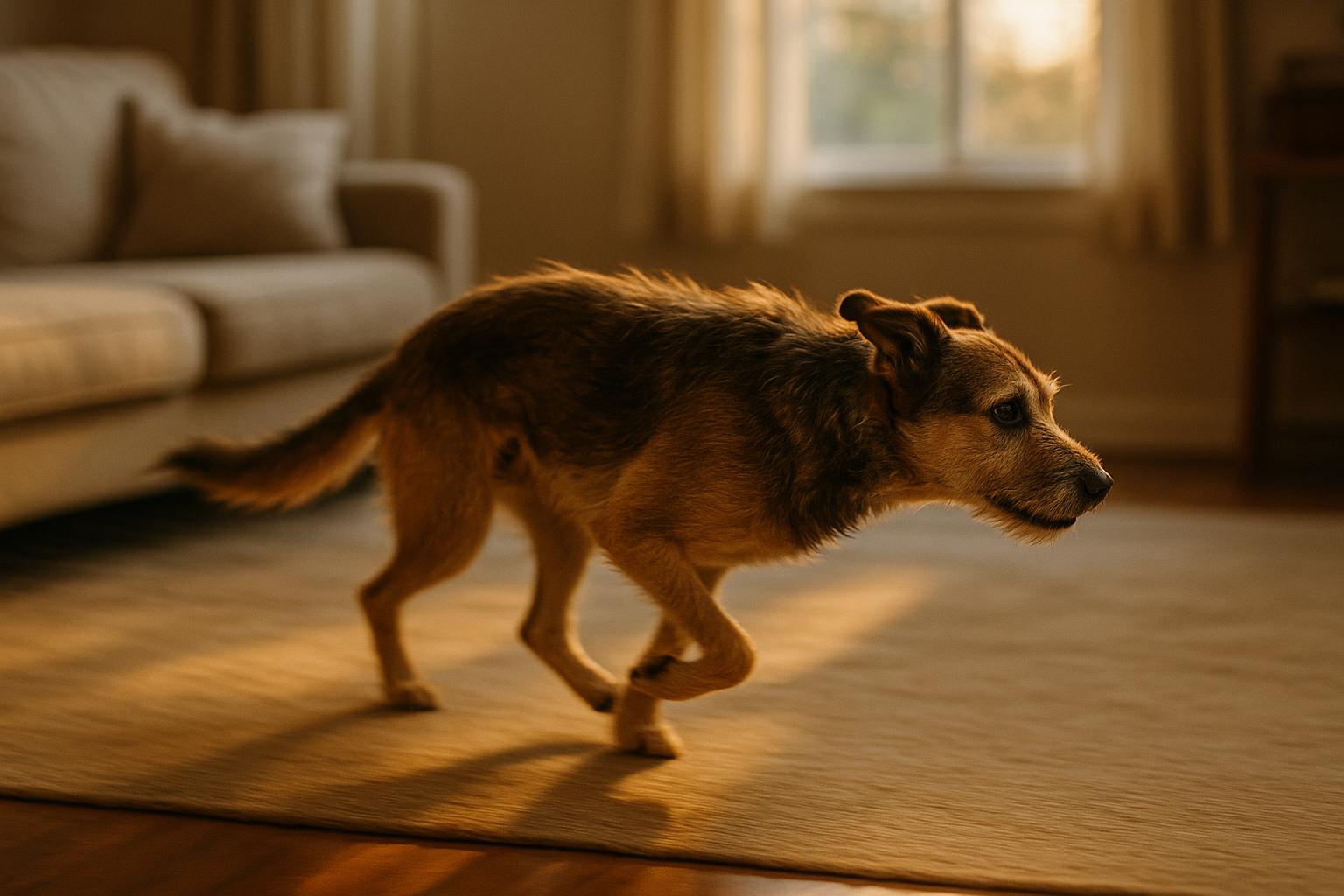 Mixed-breed dog low to the ground mid-sprint in a living room, captured during a burst of energy (zoomies).