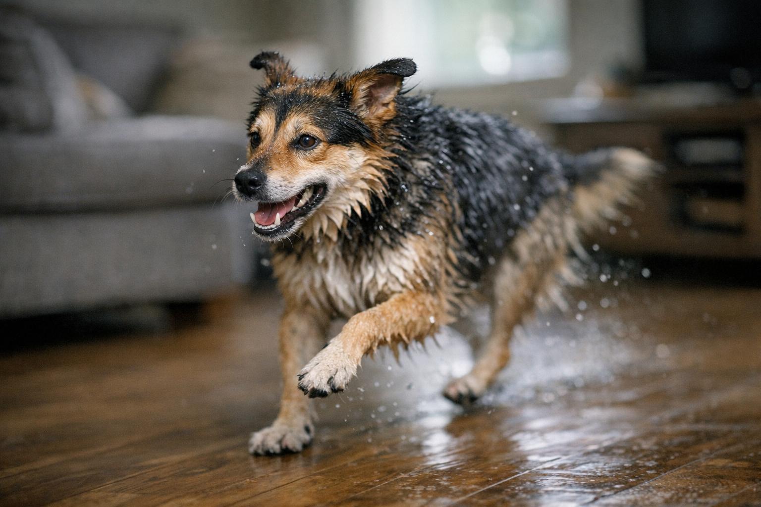 A wet mixed-breed dog sprinting across a living room floor, fur glistening with water, mid-run with motion blur