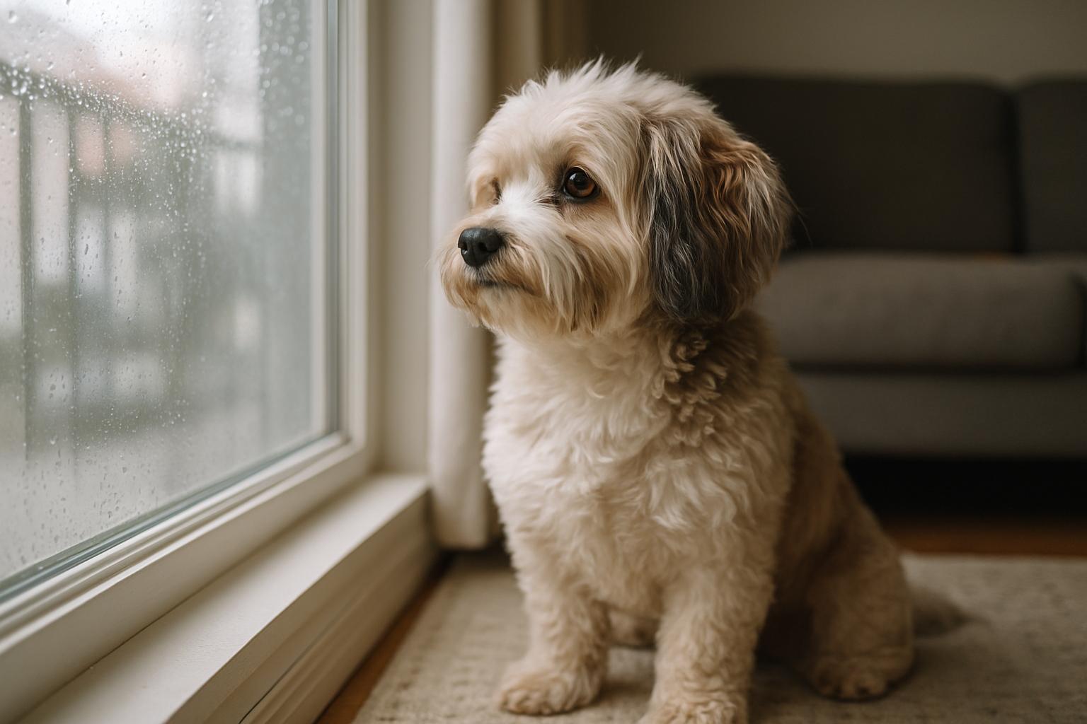 Two-year-old Havanese looking out a rain-speckled window inside a living room