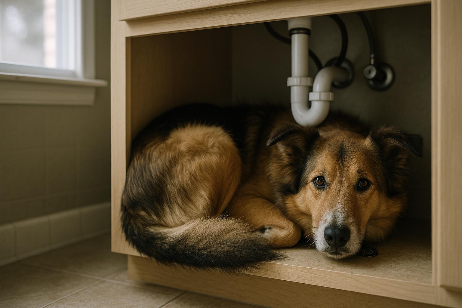 Collie mix named Willy curled up under a bathroom sink in a dimly lit home, peeking out from a tight space