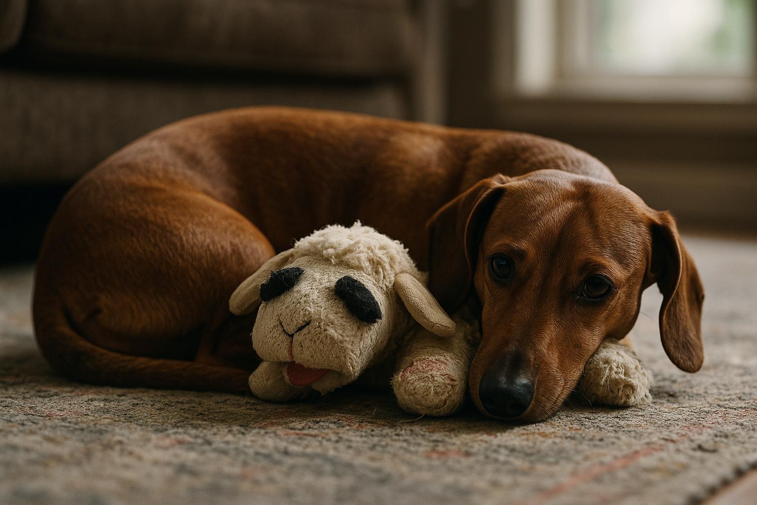 Red smooth-haired dachshund resting with a worn plush Lamb Chop toy on a living room rug.