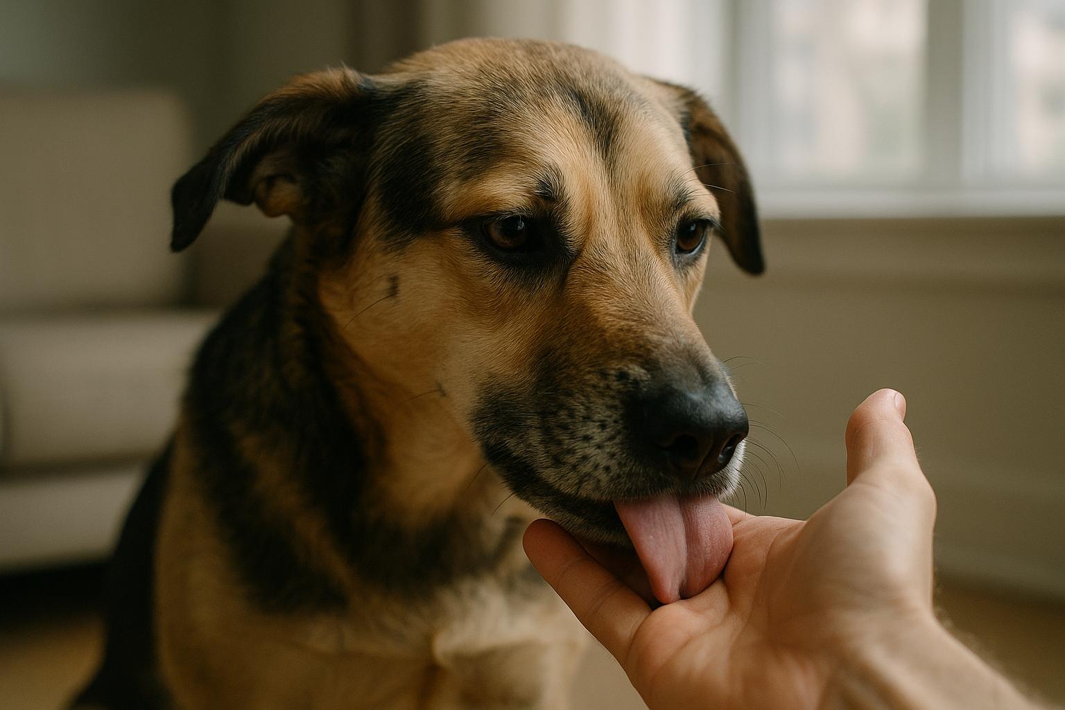 Medium-sized mixed-breed dog licking a person's hand in a living room, close-up portrait.