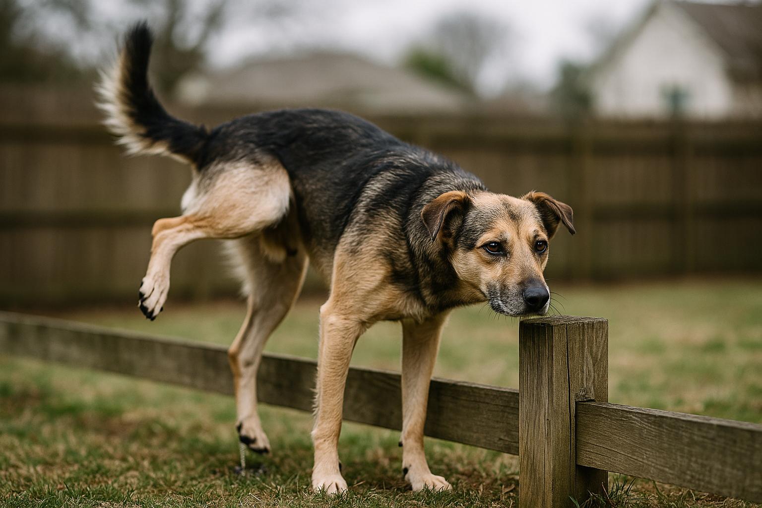 A medium mixed-breed dog lifting its hind leg to urinate against a backyard fence post, overcast light, shallow depth of field.