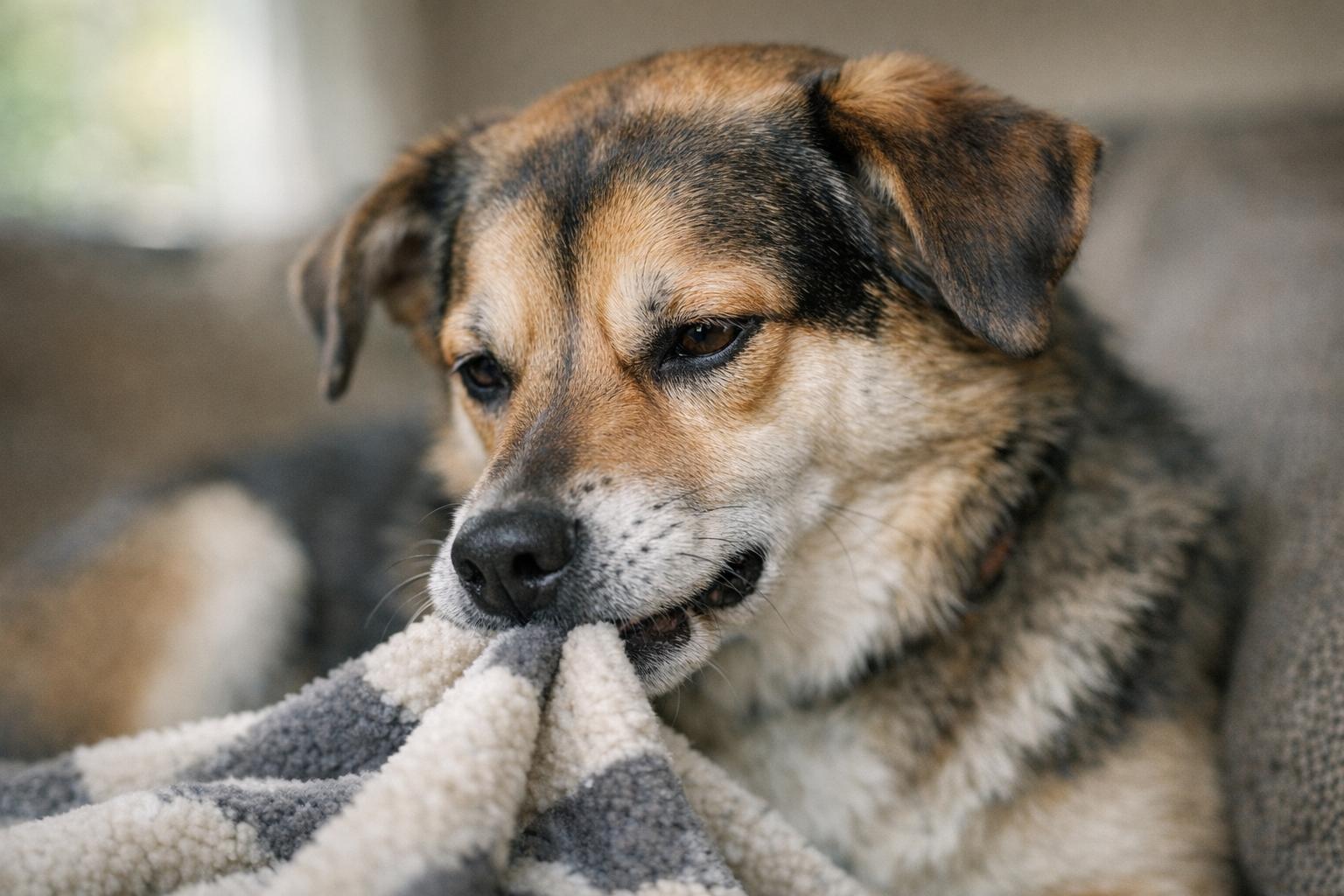 Mixed-breed dog gently nibbling a soft fleece blanket on a couch in natural window light