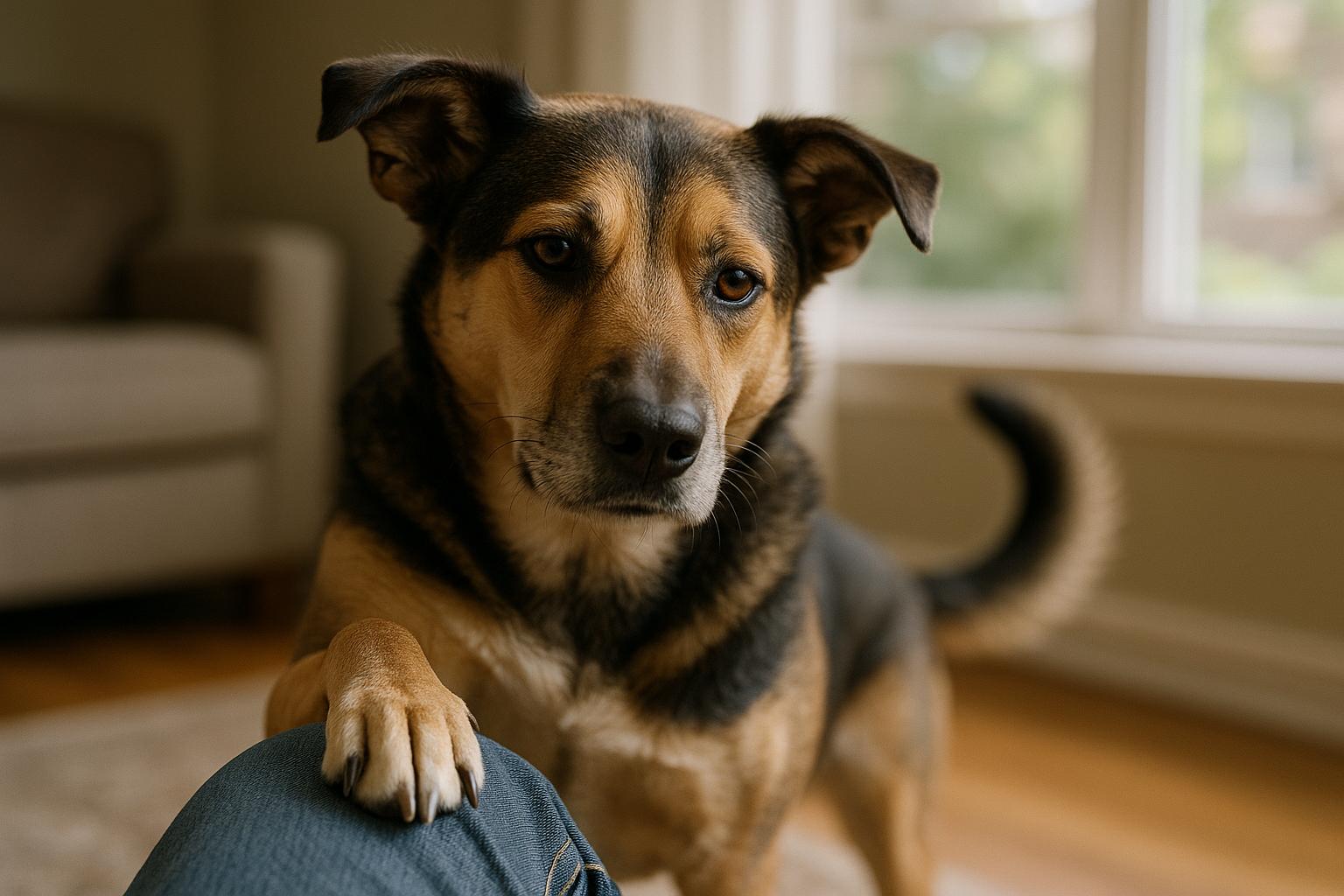 A relaxed mixed-breed dog gently placing a paw on a person's knee in a living room