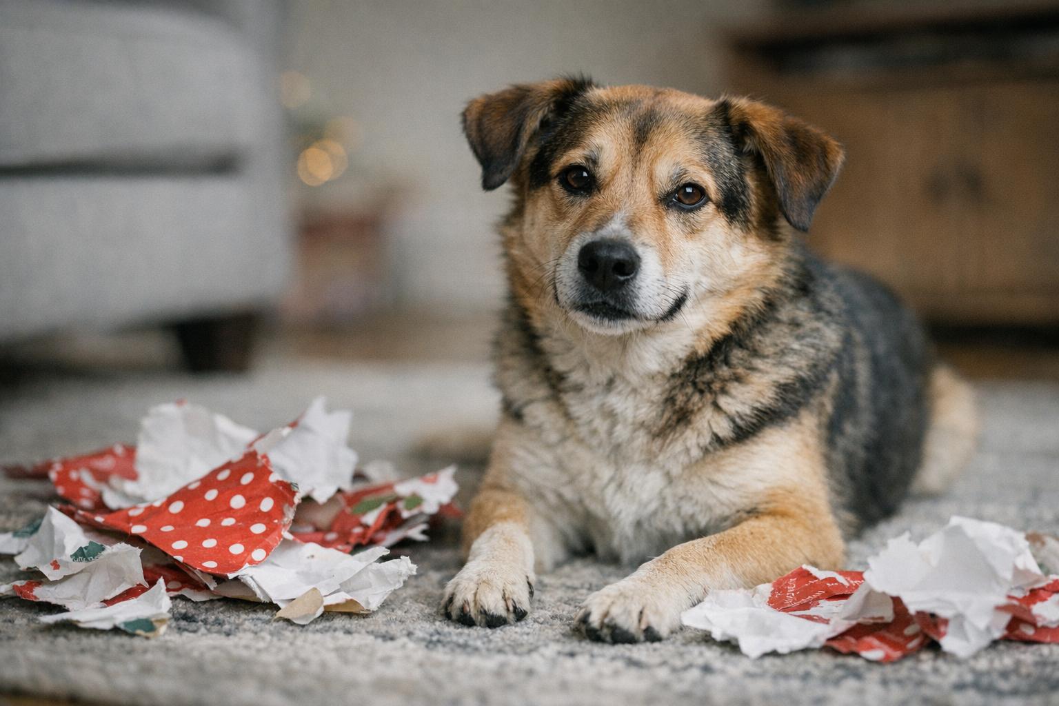 A mixed-breed dog sitting amid torn wrapping paper on a rug, looking toward the camera in soft light.