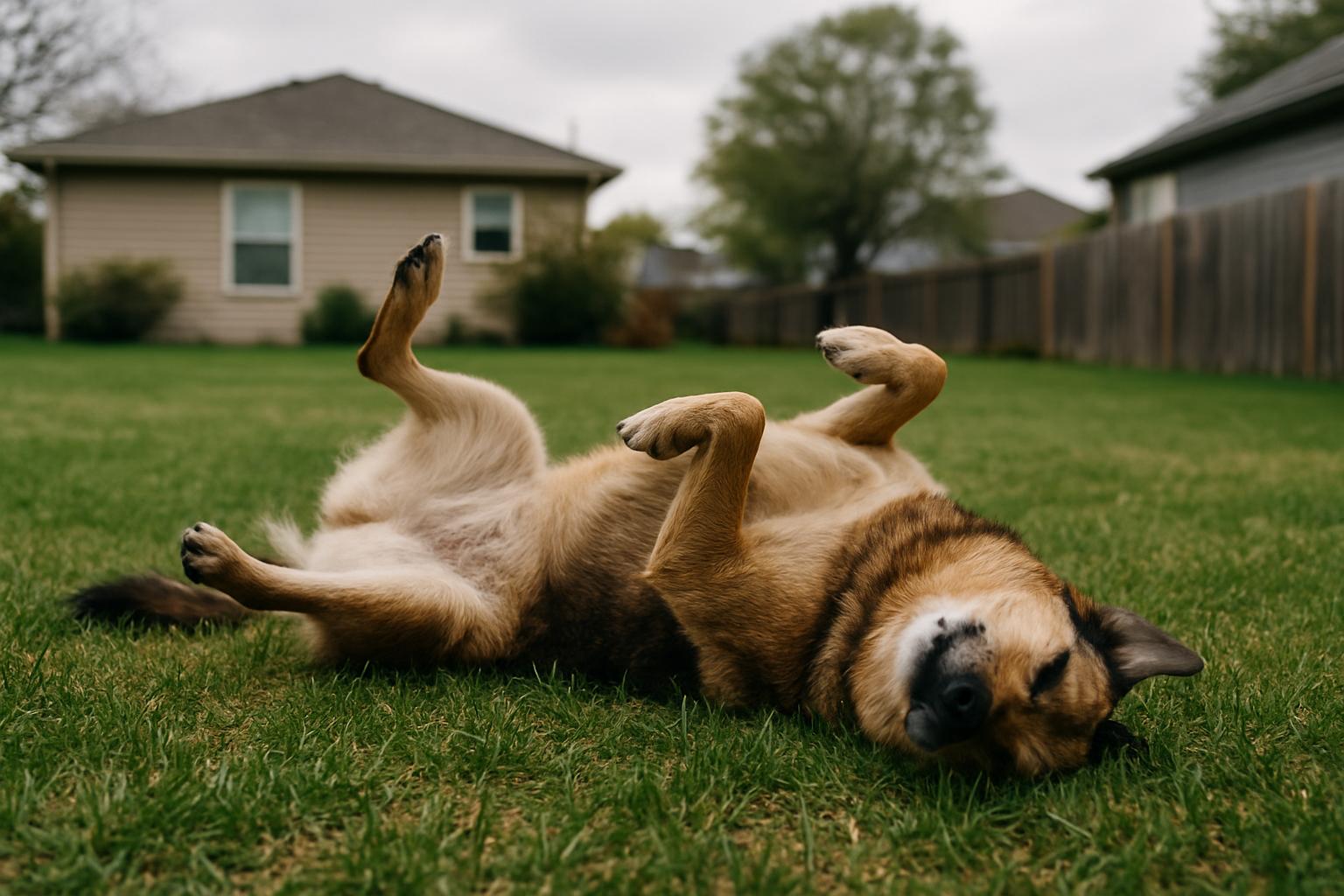 Mixed-breed dog rolling in grass in a suburban backyard