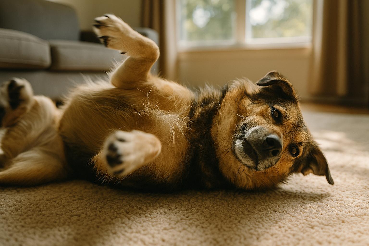 A medium-sized mixed-breed dog rolling on a living-room carpet in natural window light, appearing relaxed and joyful.