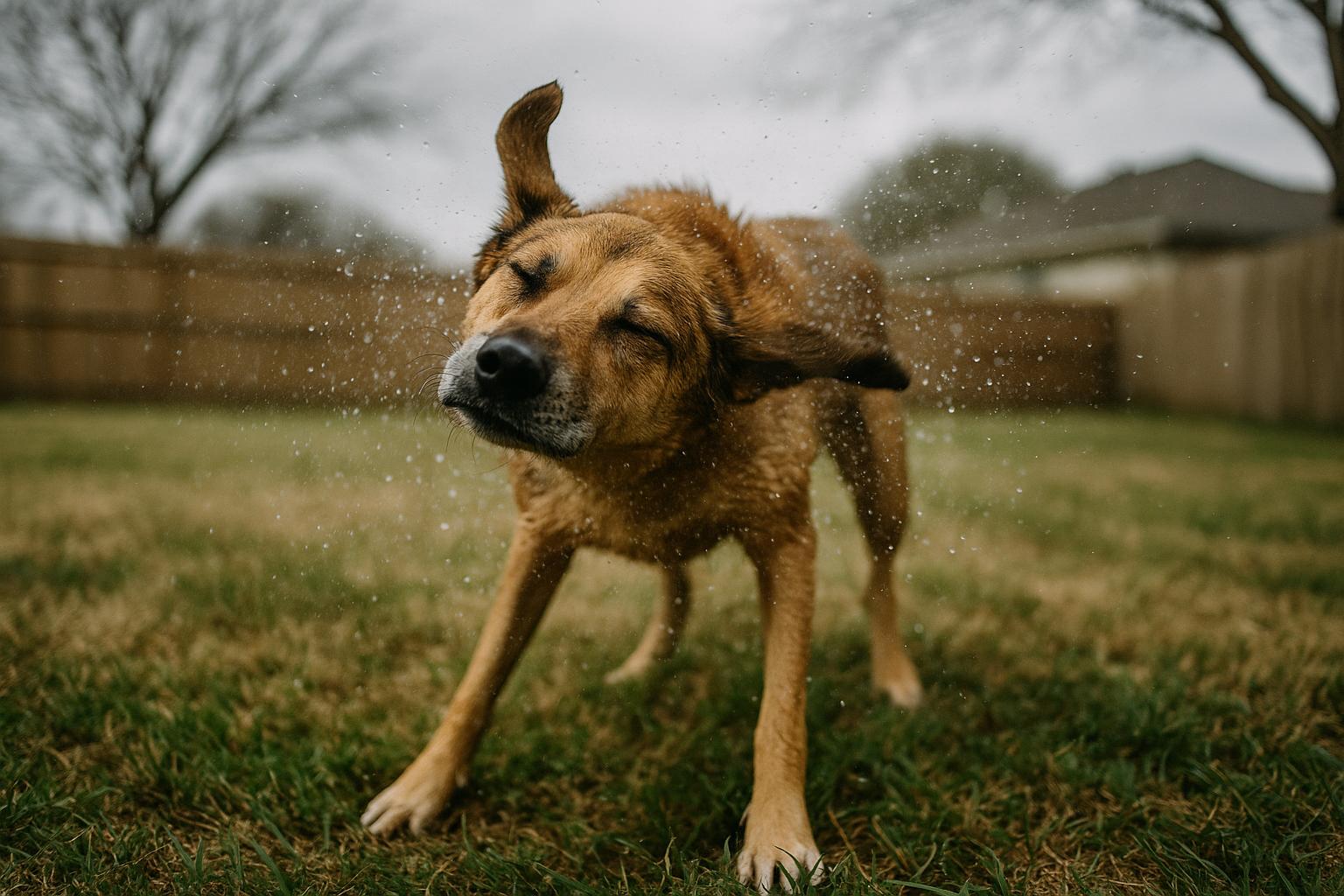 Mixed-breed dog shaking off water in a suburban backyard, captured mid-motion