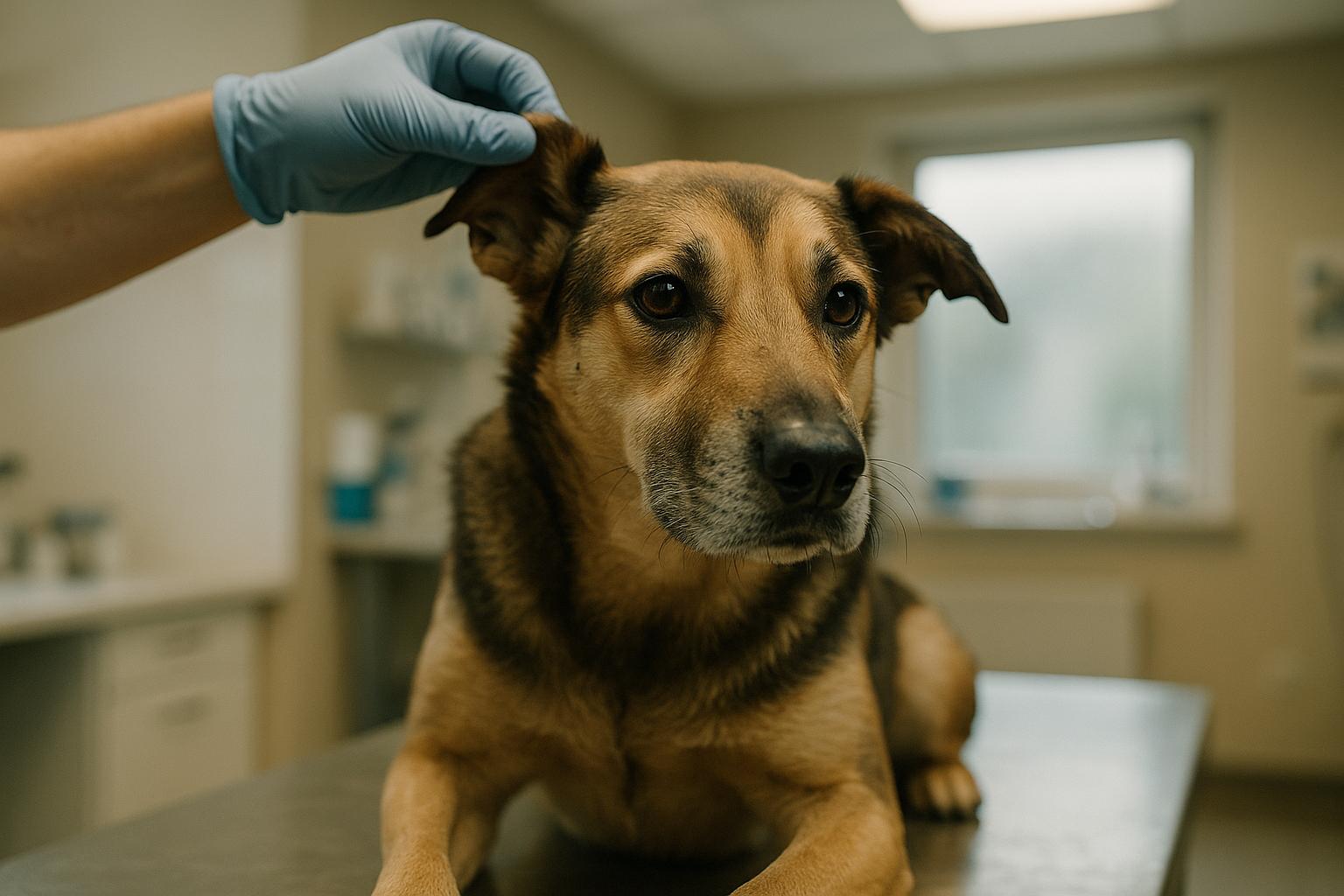 Medium-sized mixed-breed dog on a vet exam table having its ear gently examined in natural clinic light