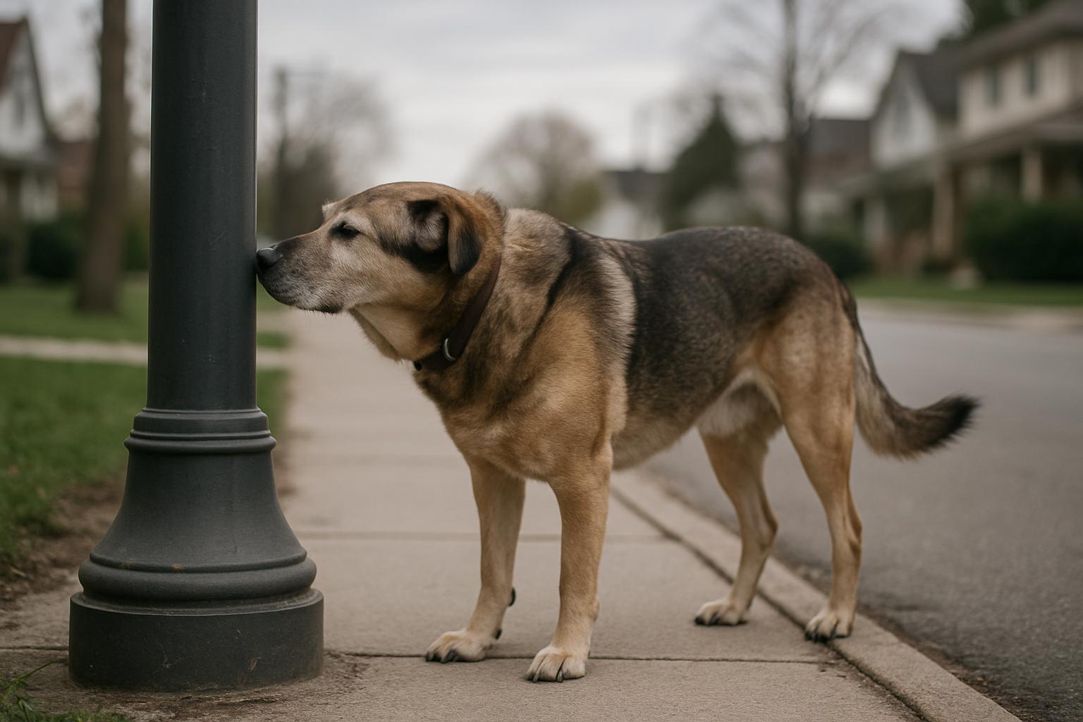 Mixed‑breed dog pausing to sniff a lamppost on a suburban sidewalk during an overcast day