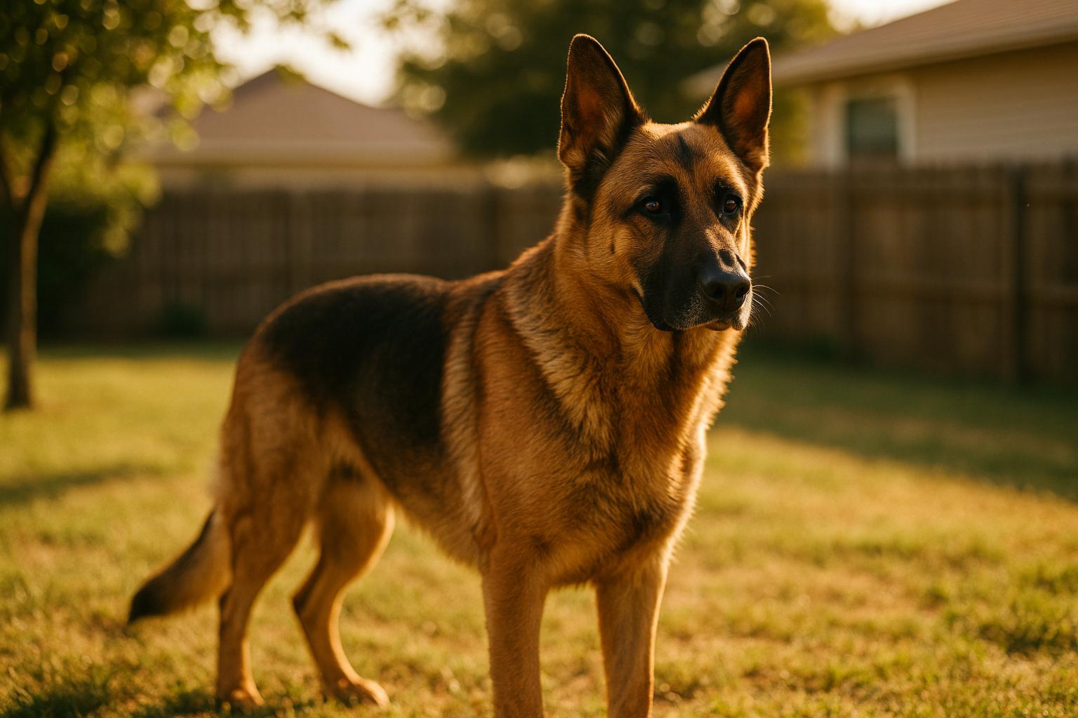An adult purebred dog standing in a suburban backyard at golden hour, photographed with shallow depth of field