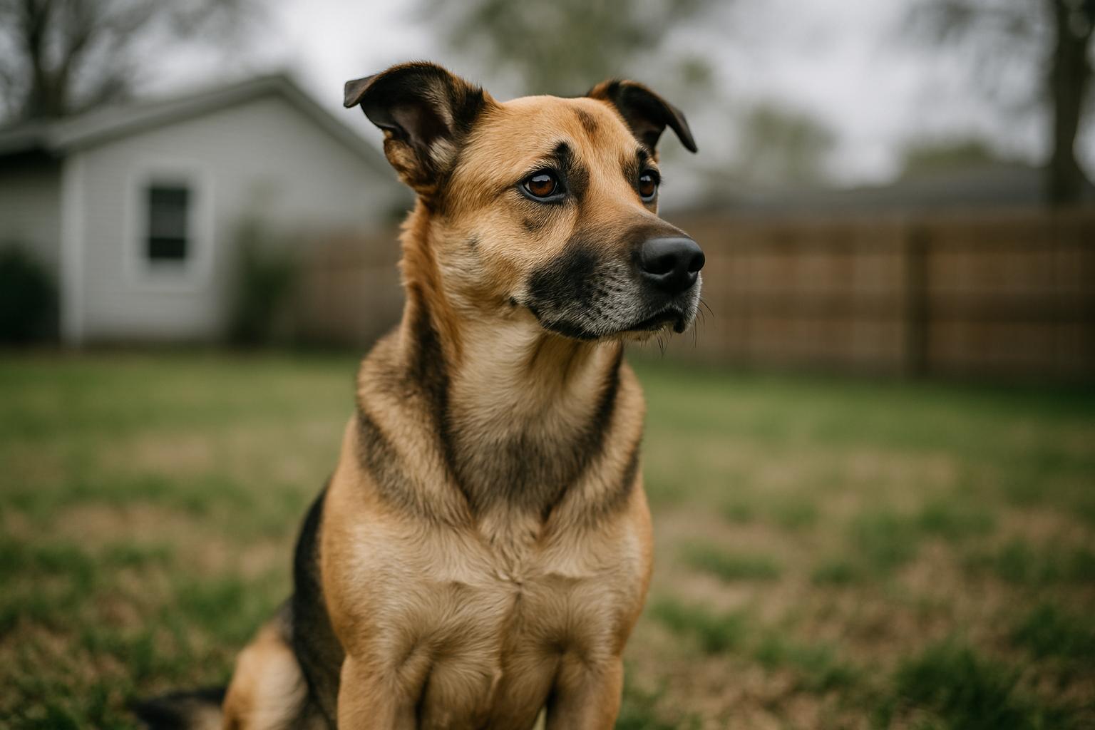 Medium-sized mixed-breed dog sitting alert in a suburban backyard, looking to the side.