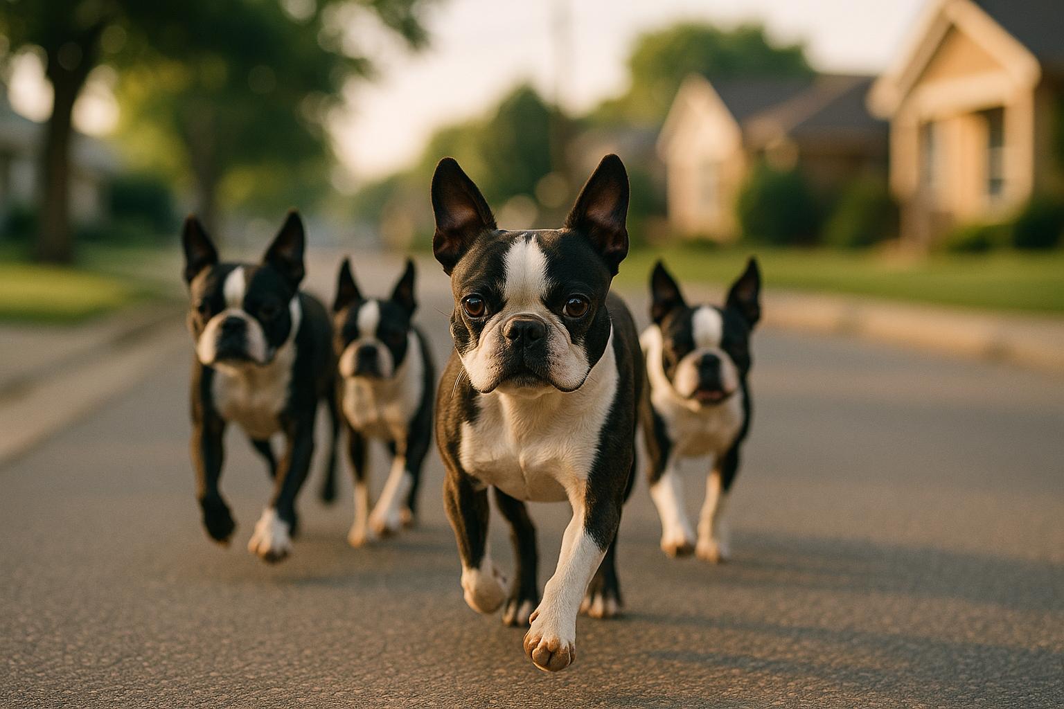 Several Boston terriers running together on a residential street in morning light, photorealistic