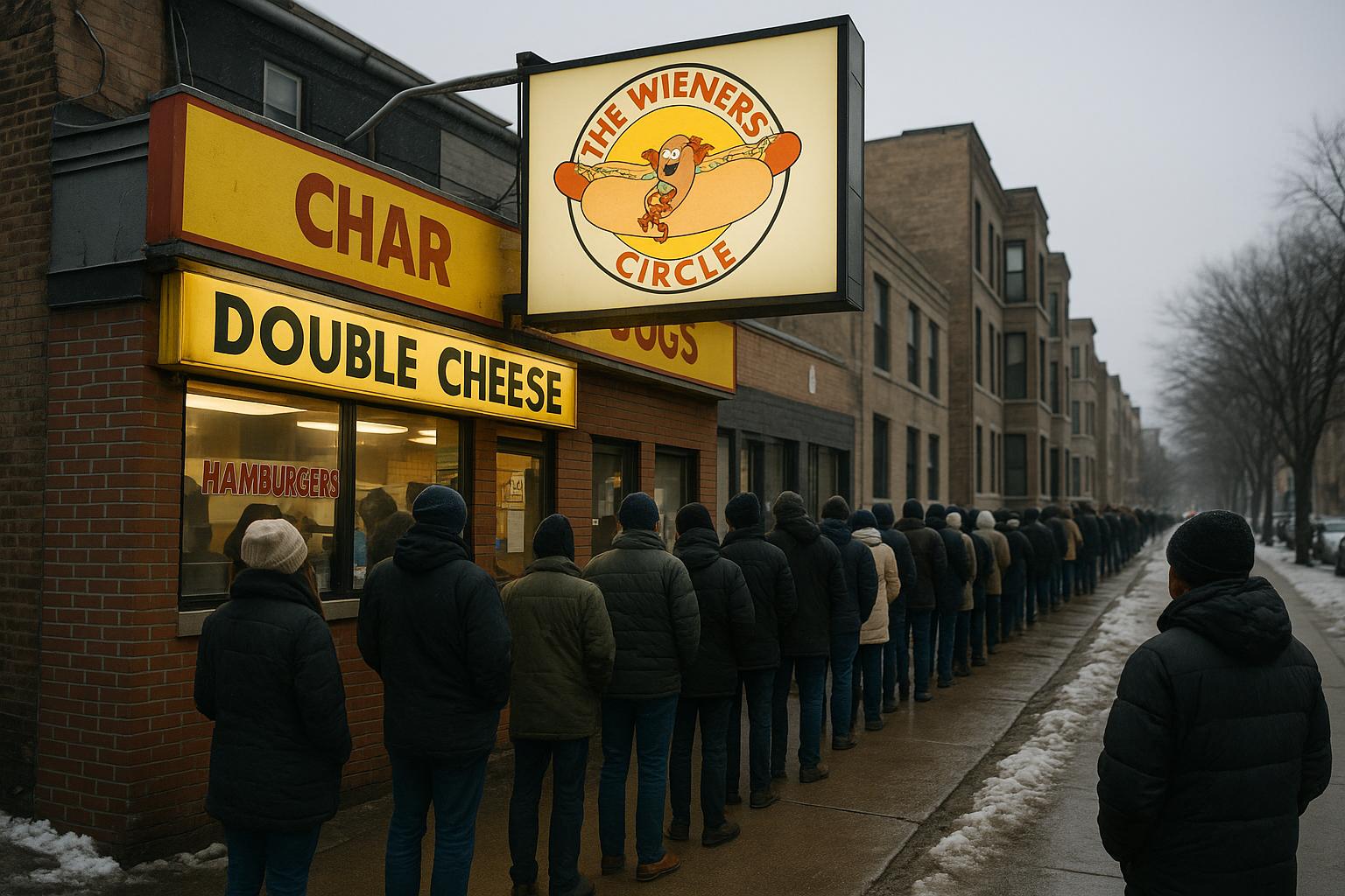 The Wieners Circle storefront on N. Clark St. with a line of people waiting outside on a cold morning