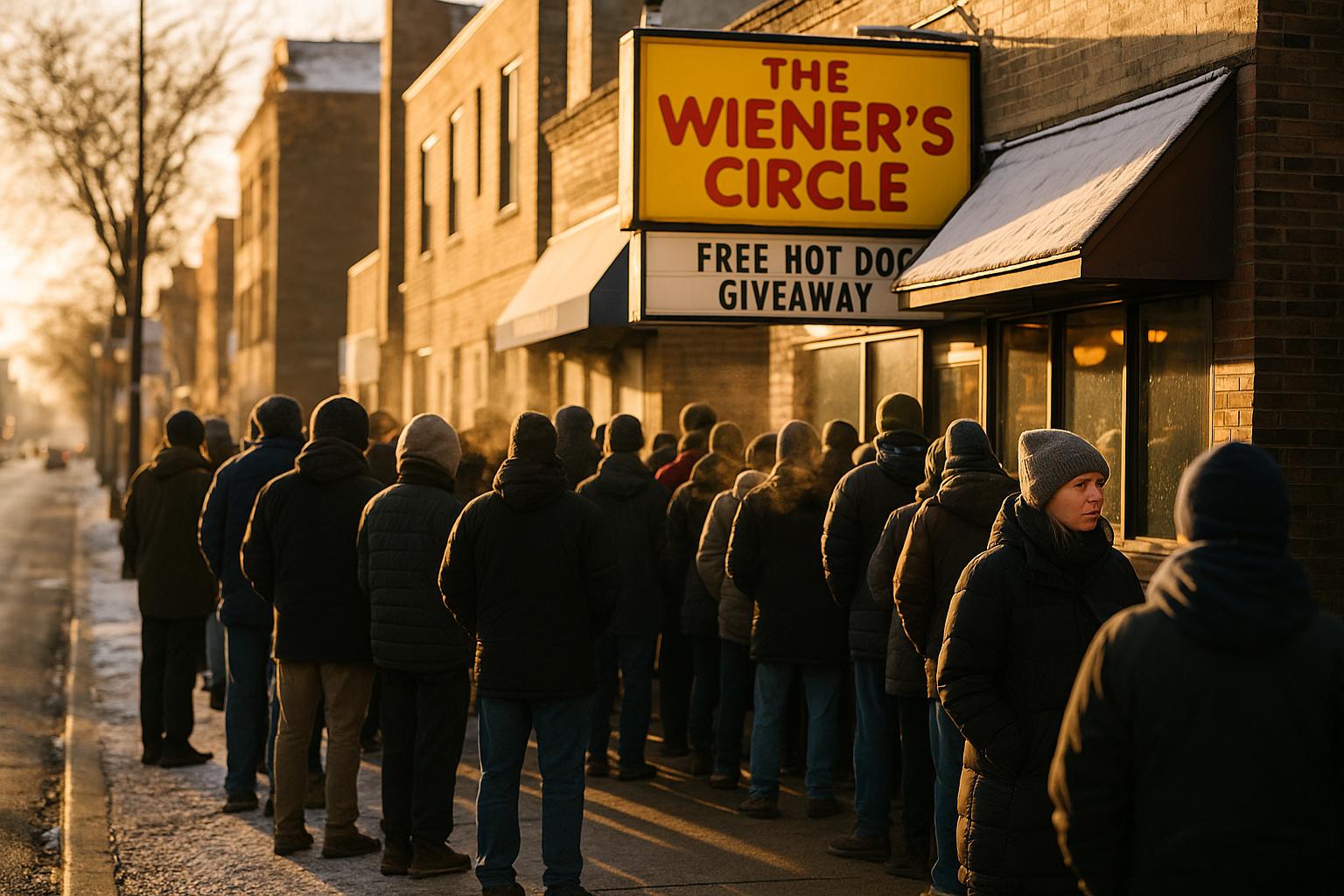 Crowd lined up outside The Wiener's Circle in Chicago on a cold morning for a free hot dog giveaway.