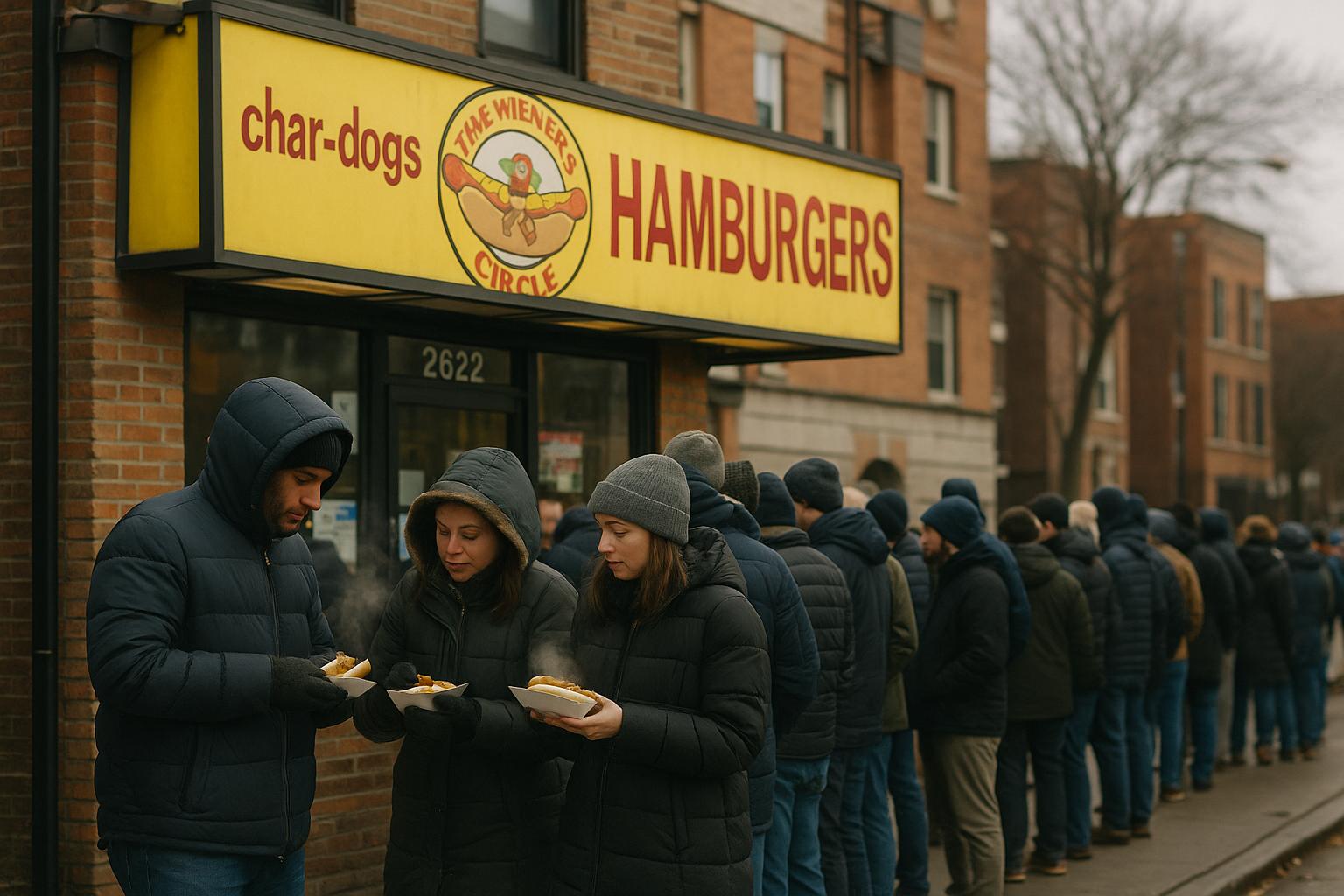 Fans in winter clothing lined outside The Wiener's Circle in Chicago waiting to receive free hot dogs, with the restaurant sign visible in the background.