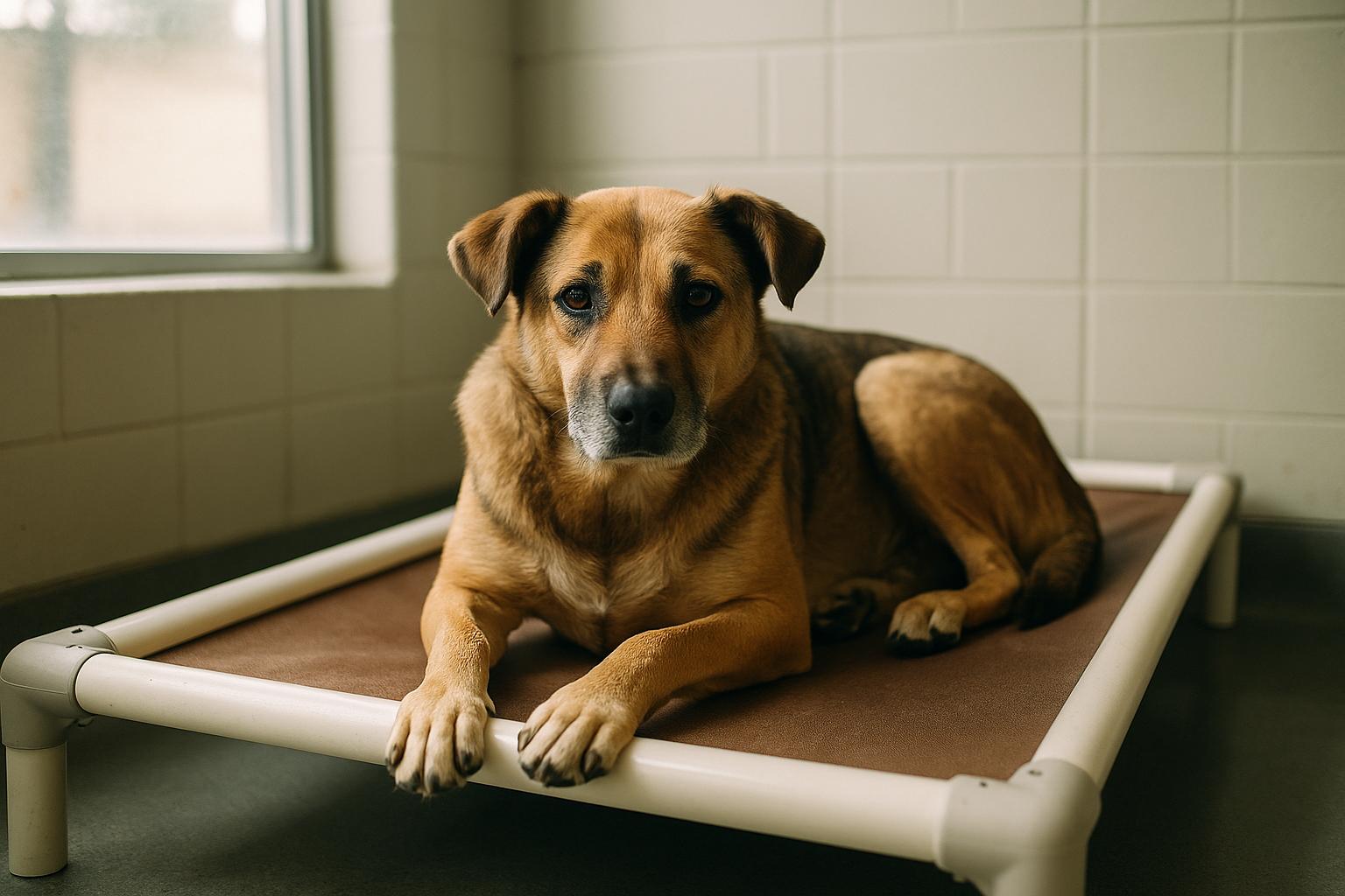 A single adult dog resting on a shelter kennel bed under soft natural light, calm expression and realistic fur texture.