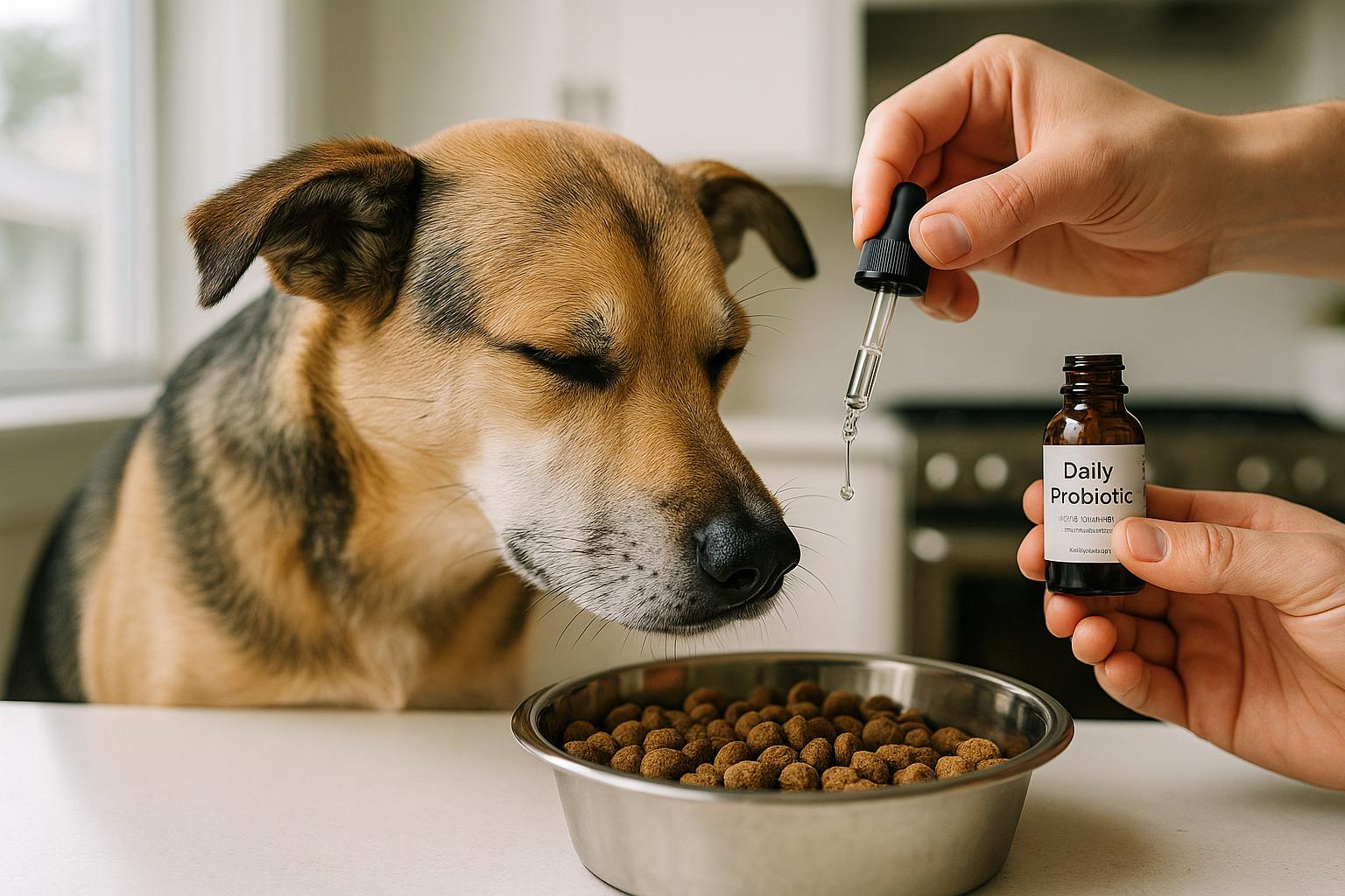 A medium-sized mixed-breed dog eating food with a person adding a drop of liquid probiotic, photographed in soft natural light