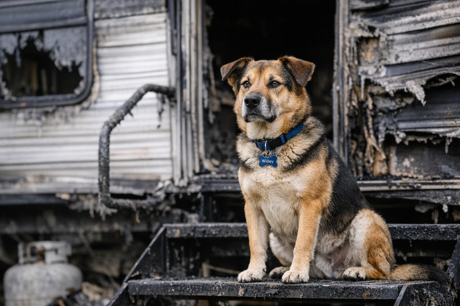 Wiley, a rescue dog, sitting alert in front of a damaged RV with charred exterior in the background