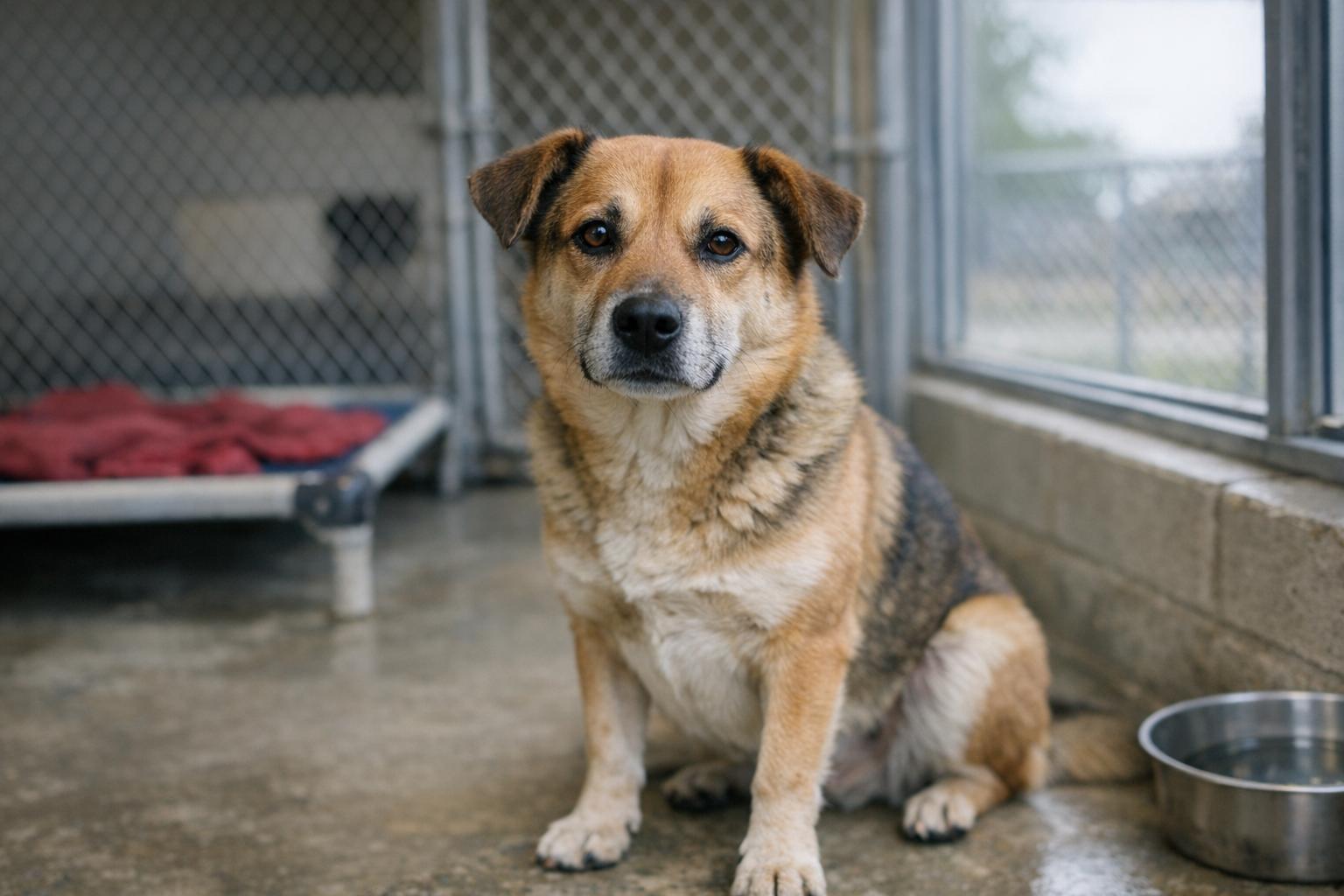 Medium mixed-breed shelter dog sitting calmly in an adoption area with soft natural light.