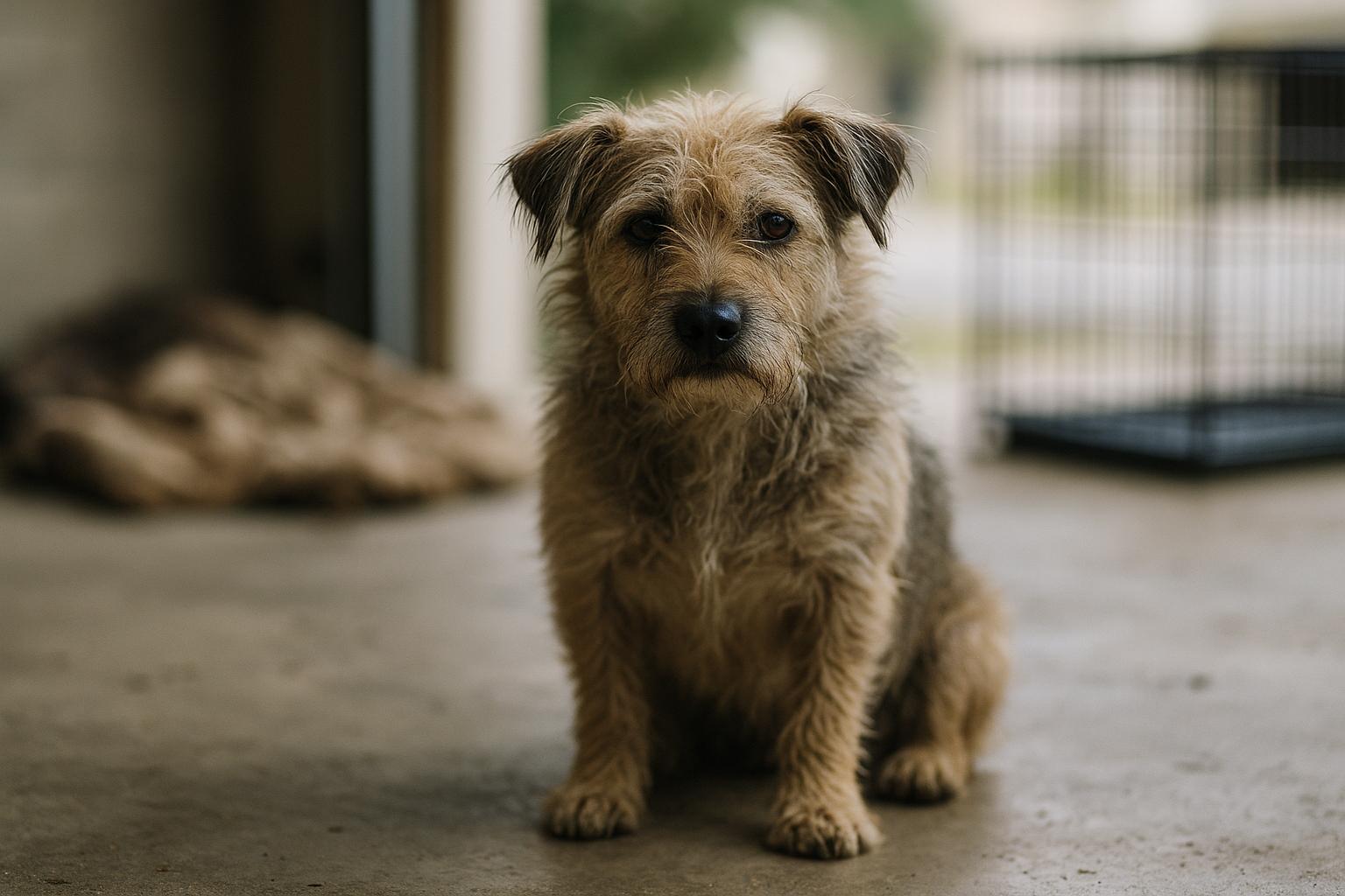A mixed-breed terrier sitting on a garage floor beside a soiled blanket and a blurred crate in the background