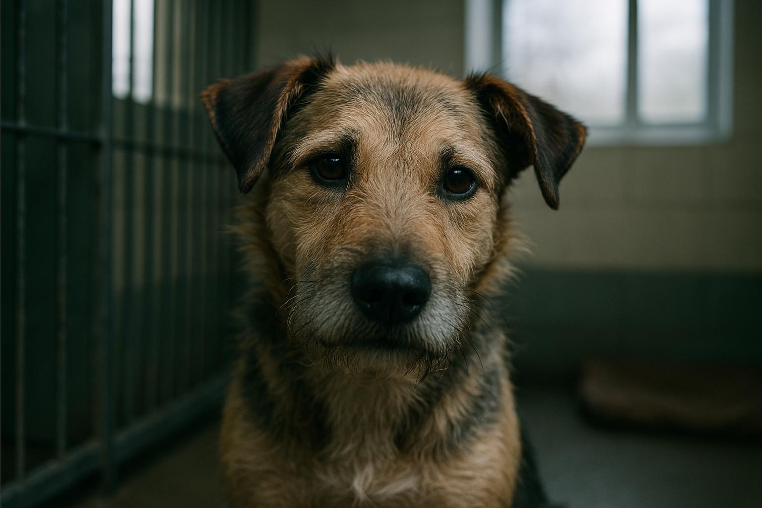 Mixed-breed terrier in a shelter kennel under soft natural light, portrait-style photograph