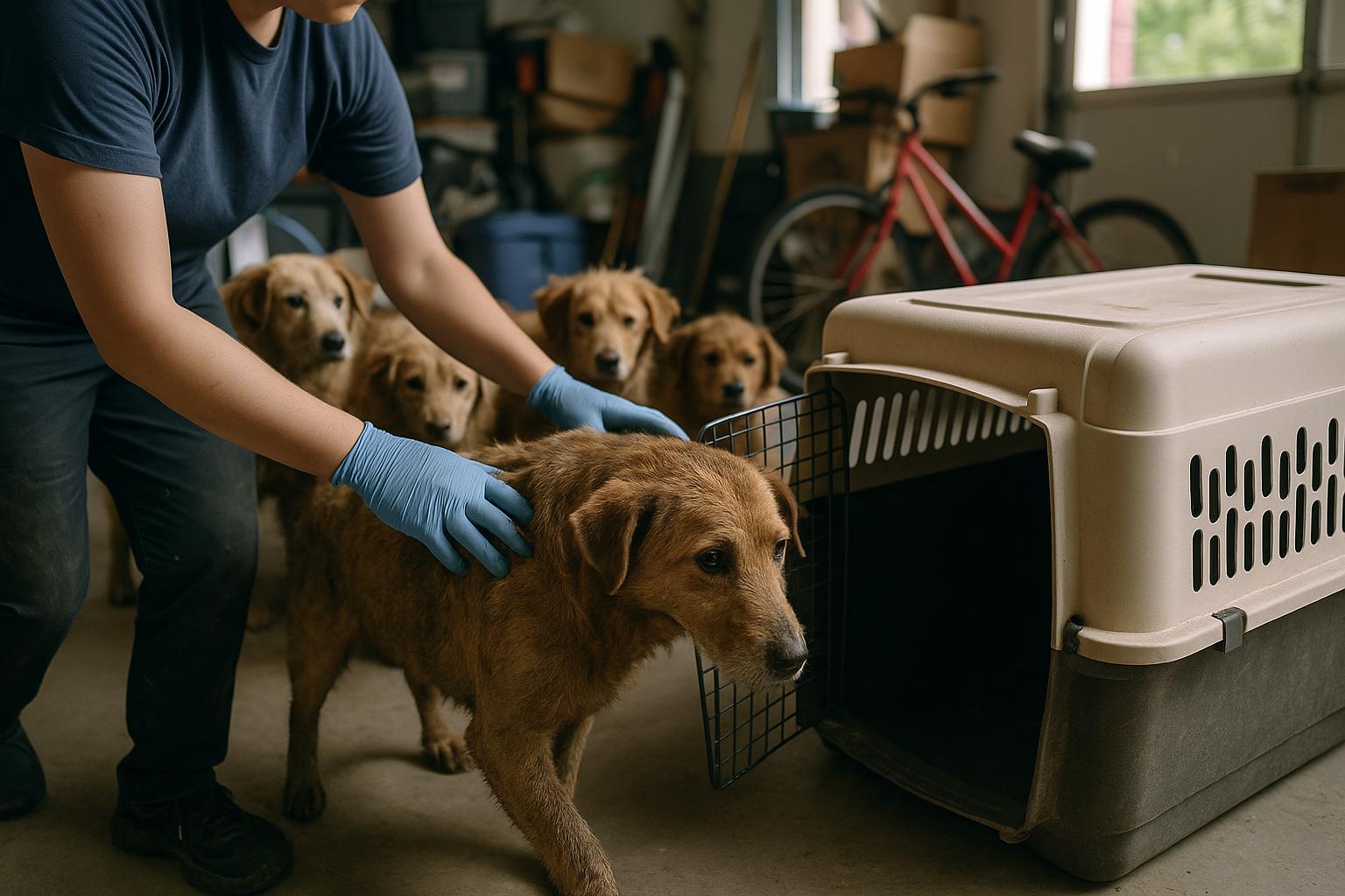 Several mixed-breed dogs with dusty fur being led from a garage by a shelter worker into a transport crate.
