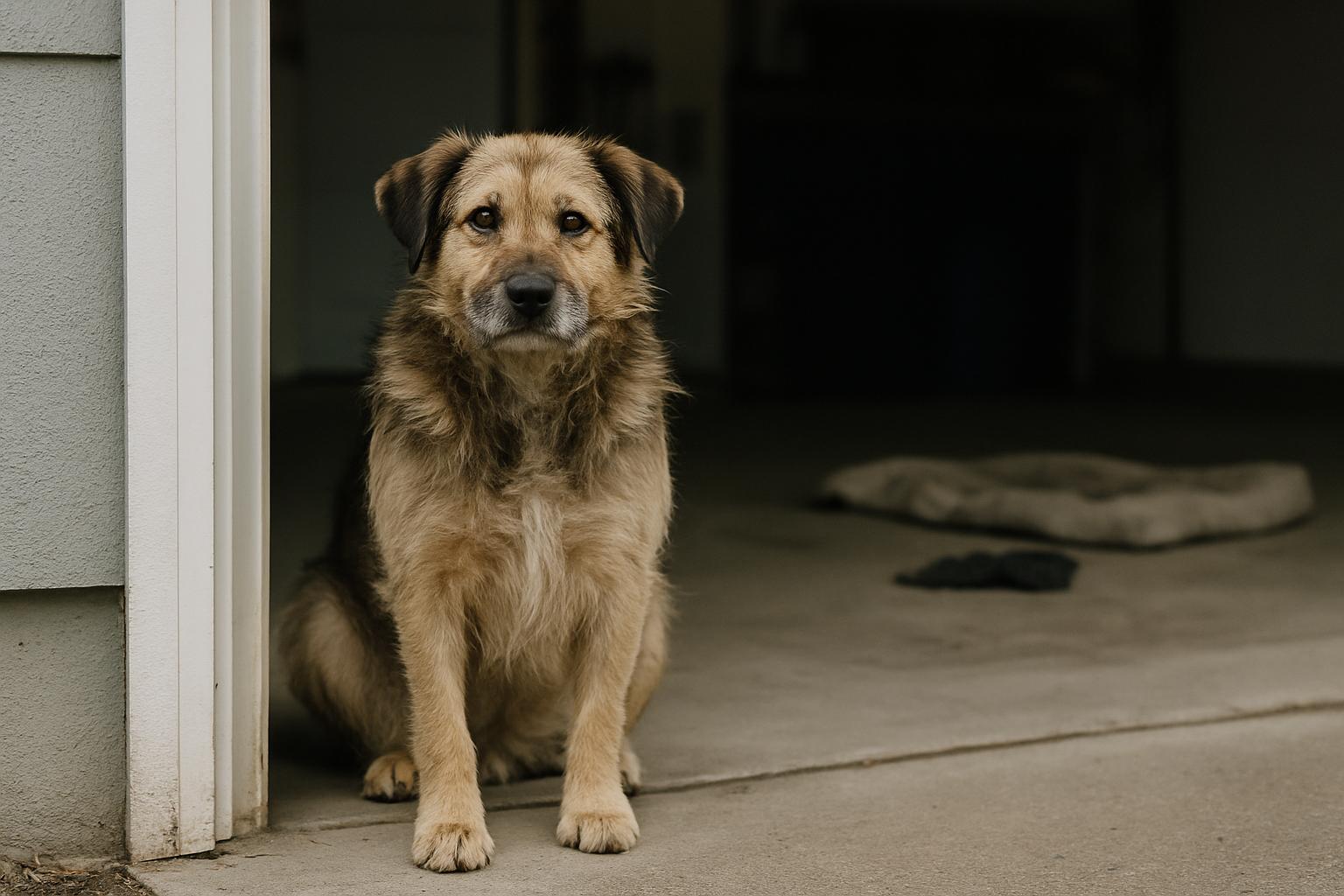 Mixed-breed dog sitting at the doorway of a garage, viewed in soft natural light