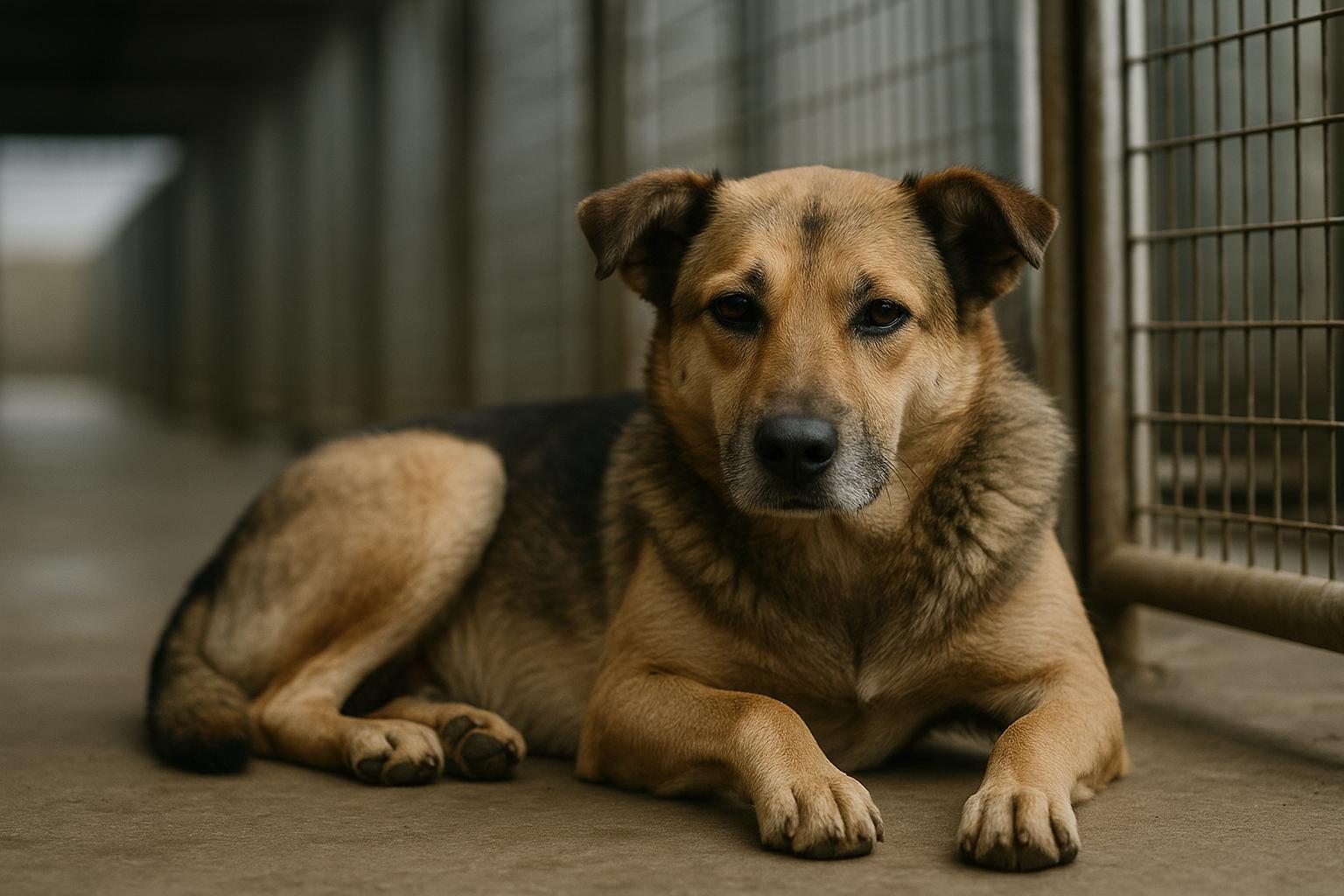 Mixed-breed dog resting in a shelter kennel in Rockford, Illinois, photographed in soft daylight