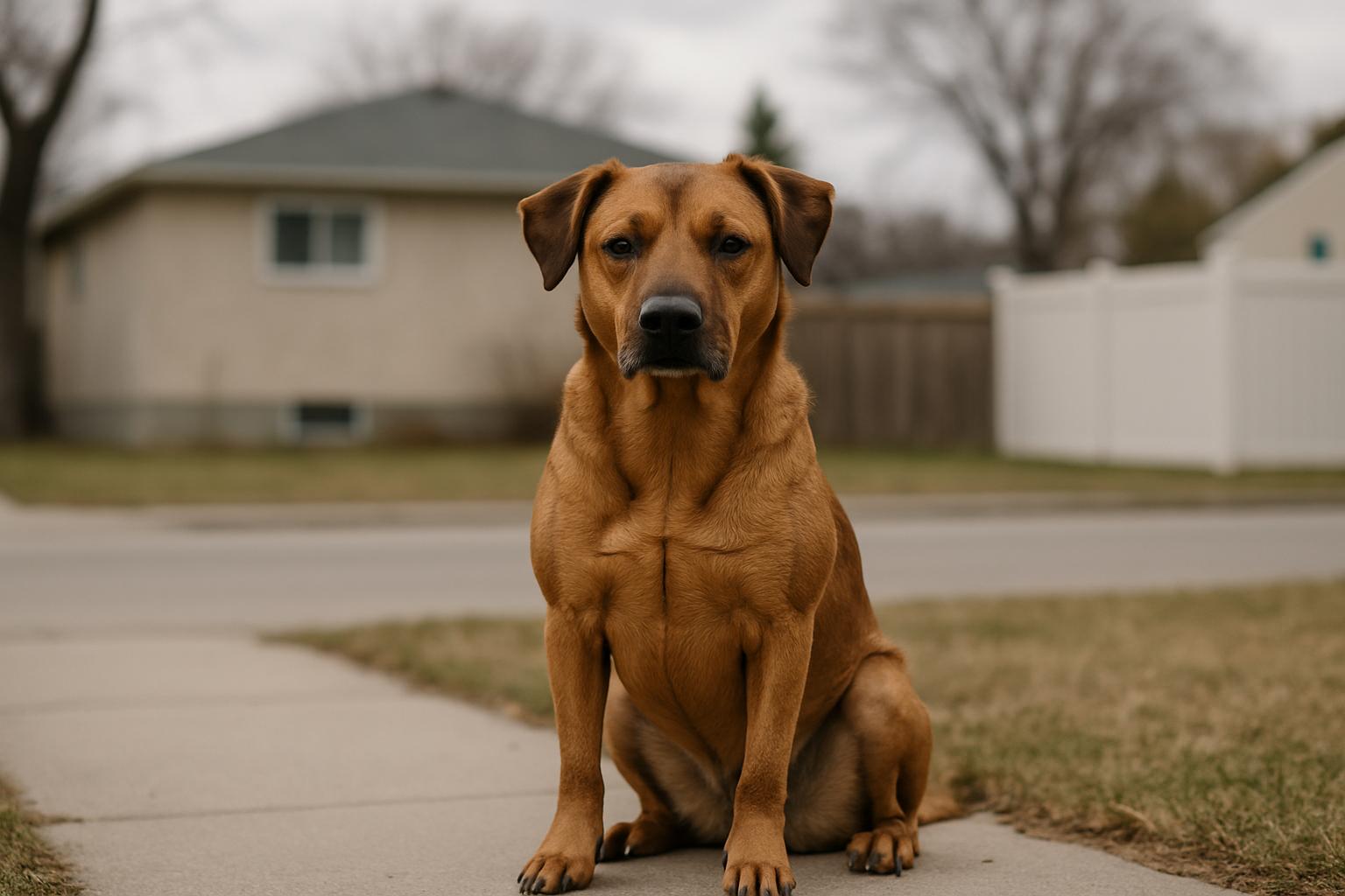 Sadie, a brown mixed‑breed dog, sitting on a sidewalk in front of a house with a partially plastic backyard fence in North Kildonan, Winnipeg.