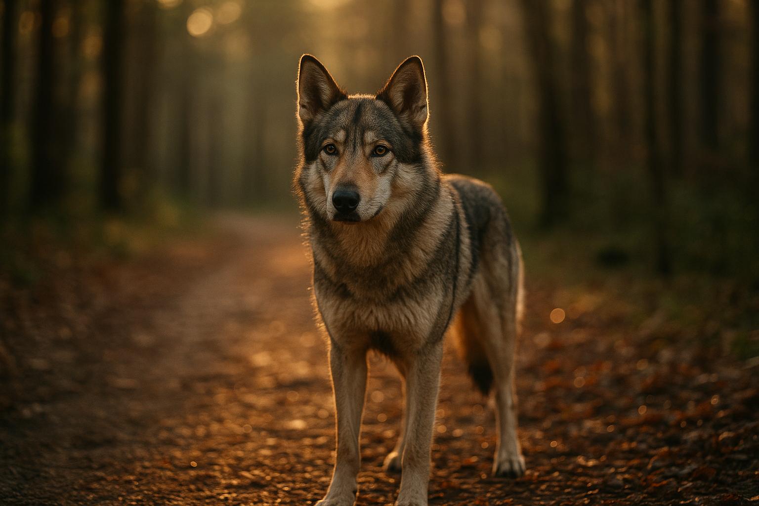 Tamaskan dog on a forest trail at golden hour, showing wolf-like features and natural fur texture