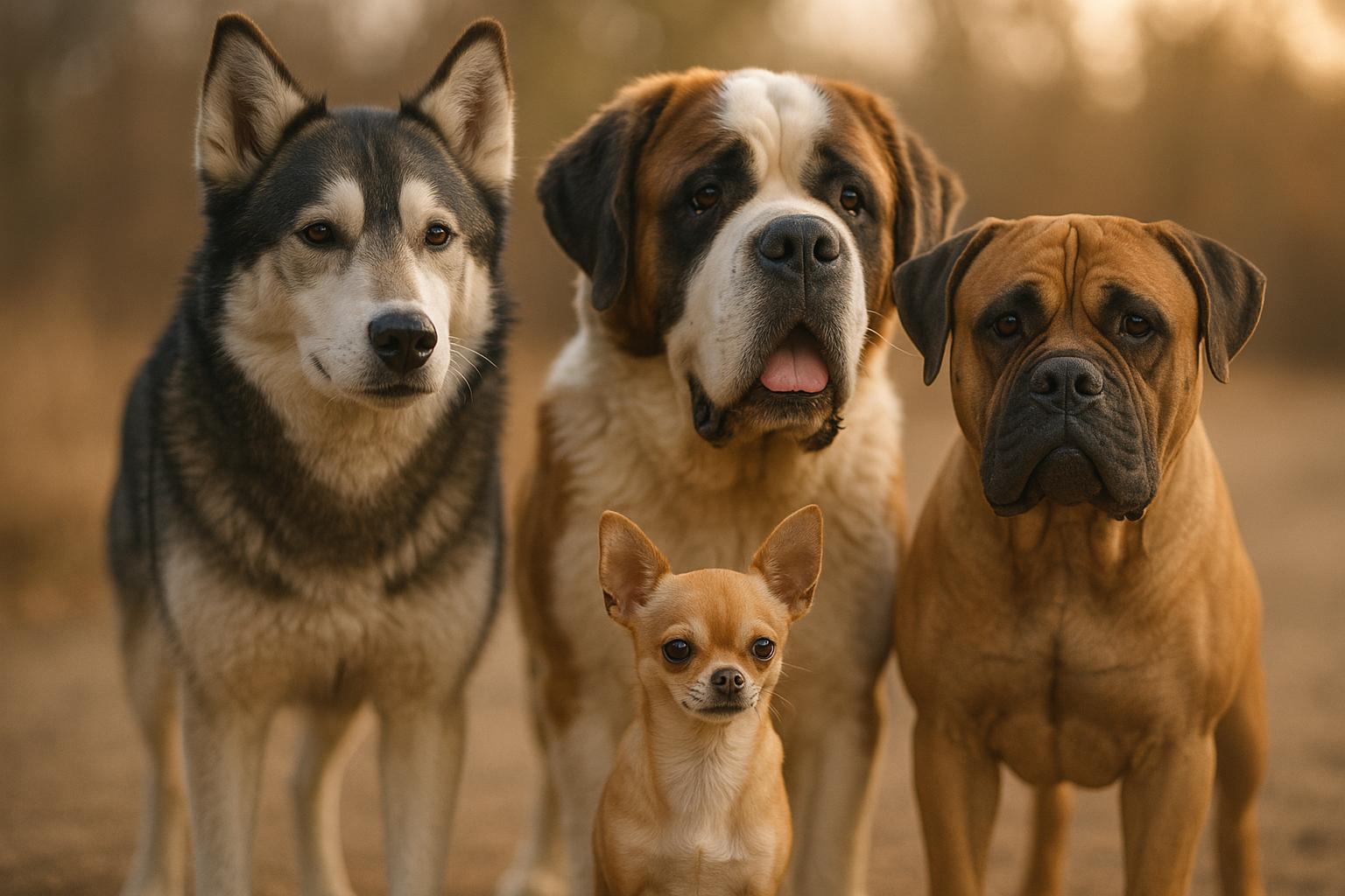 An Alaskan husky, Saint Bernard, Bullmastiff and Chihuahua together in natural light, photorealistic.