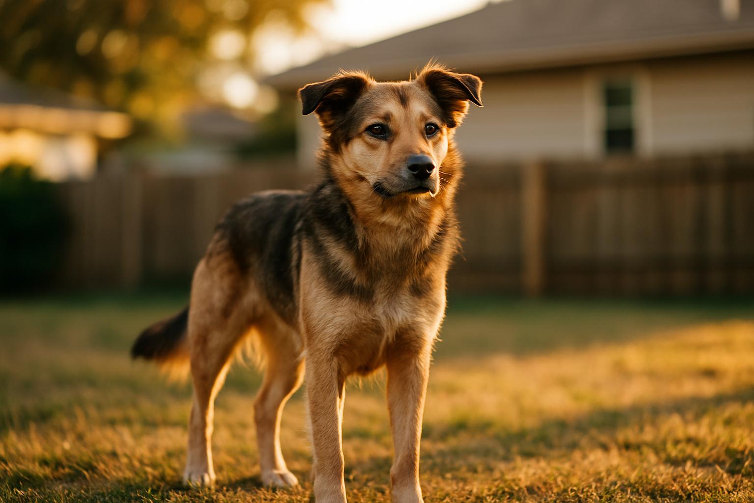 A mixed-breed domestic dog standing in a suburban backyard at golden hour