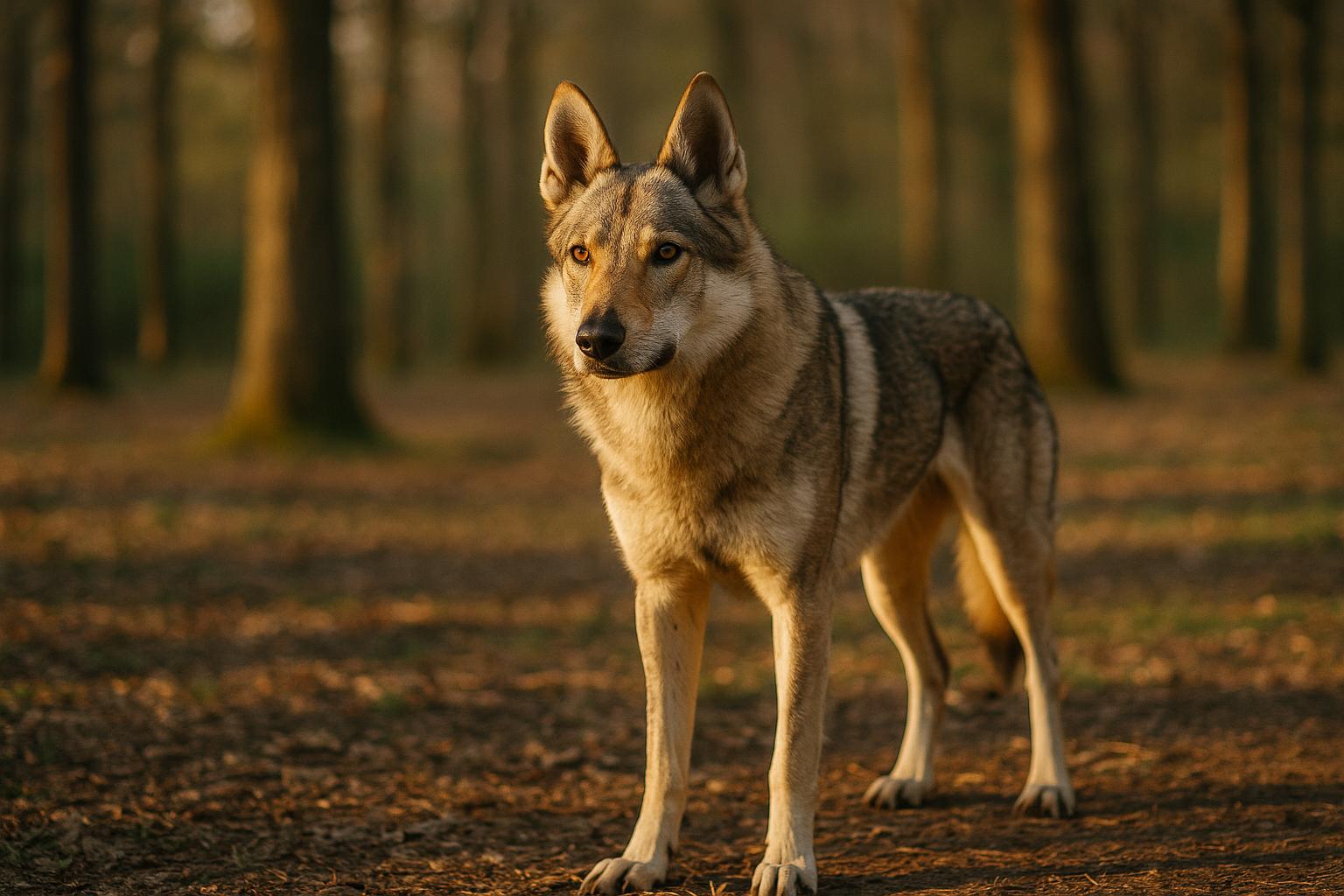 Czechoslovakian wolfdog standing in a sunlit forest clearing, detailed fur texture