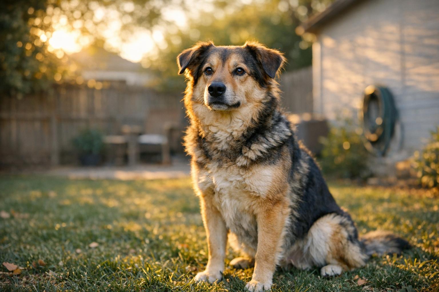 Medium-sized mixed-breed dog sitting in a backyard at golden hour, close-up environmental portrait.