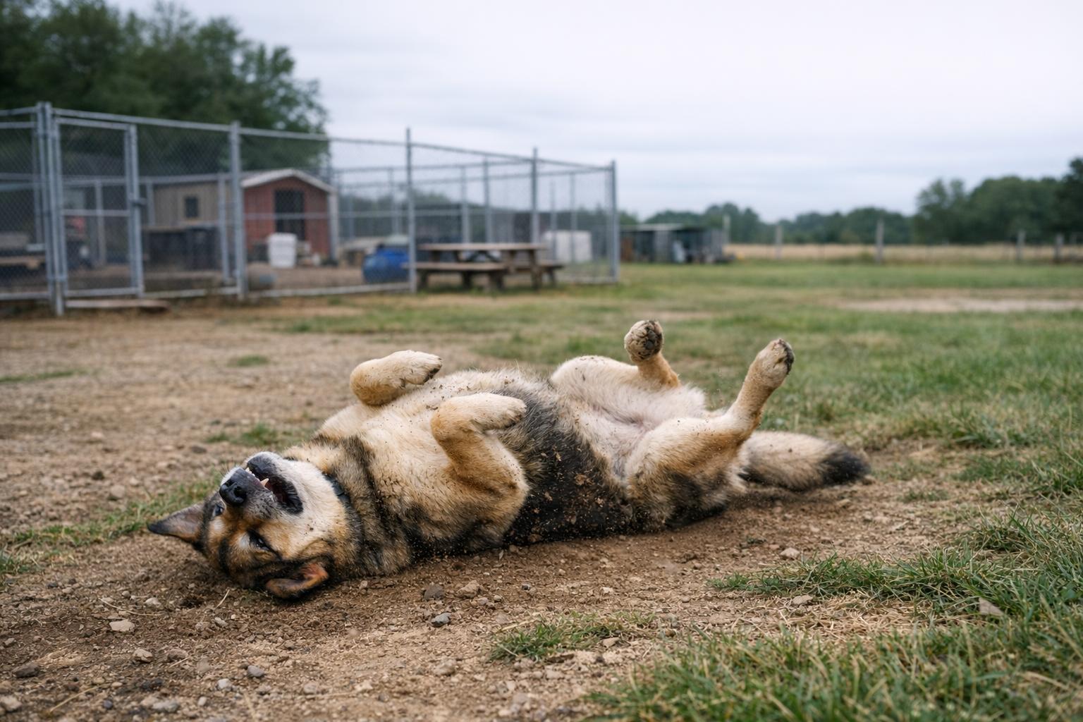A mixed-breed dog rolling in grass and dirt in a fenced yard, fur showing natural texture and dirt, photographed documentary-style.