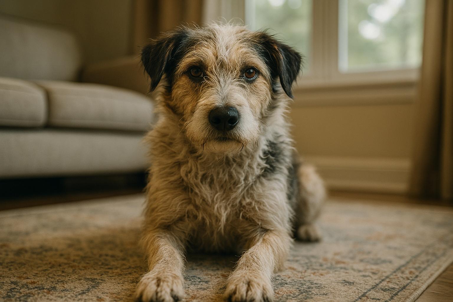 Scruffy mixed-breed dog with uneven fur sitting in a living room, calm expression.