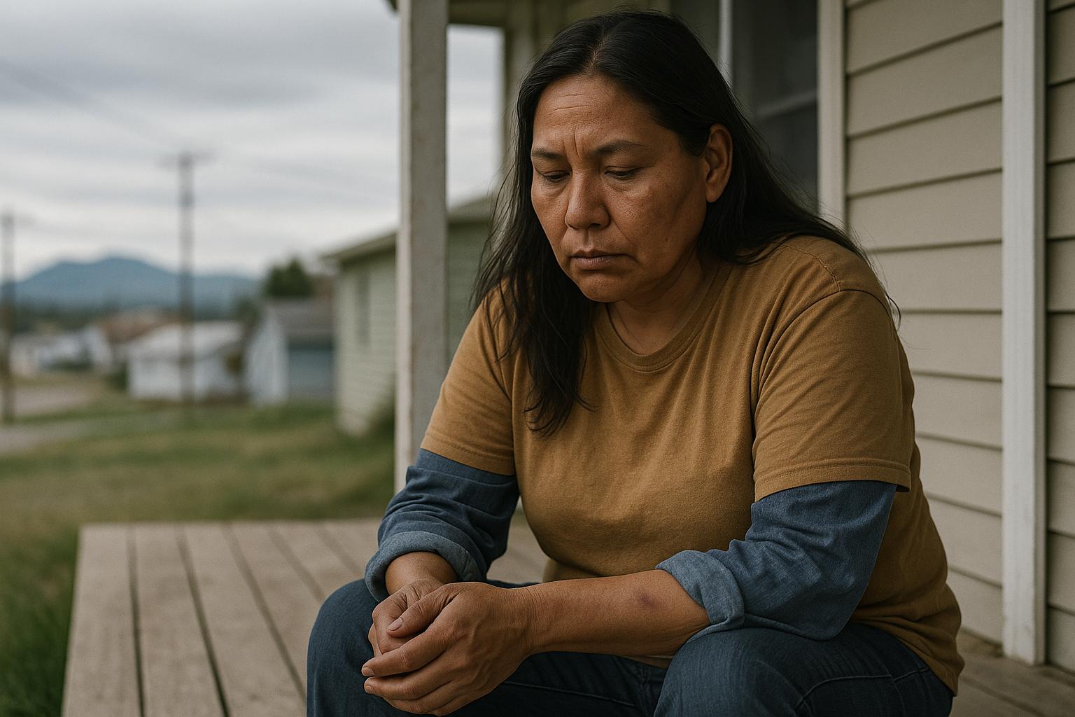 Portrait of a woman on a porch in Browning, looking at her hands with a visible bruise on her forearm