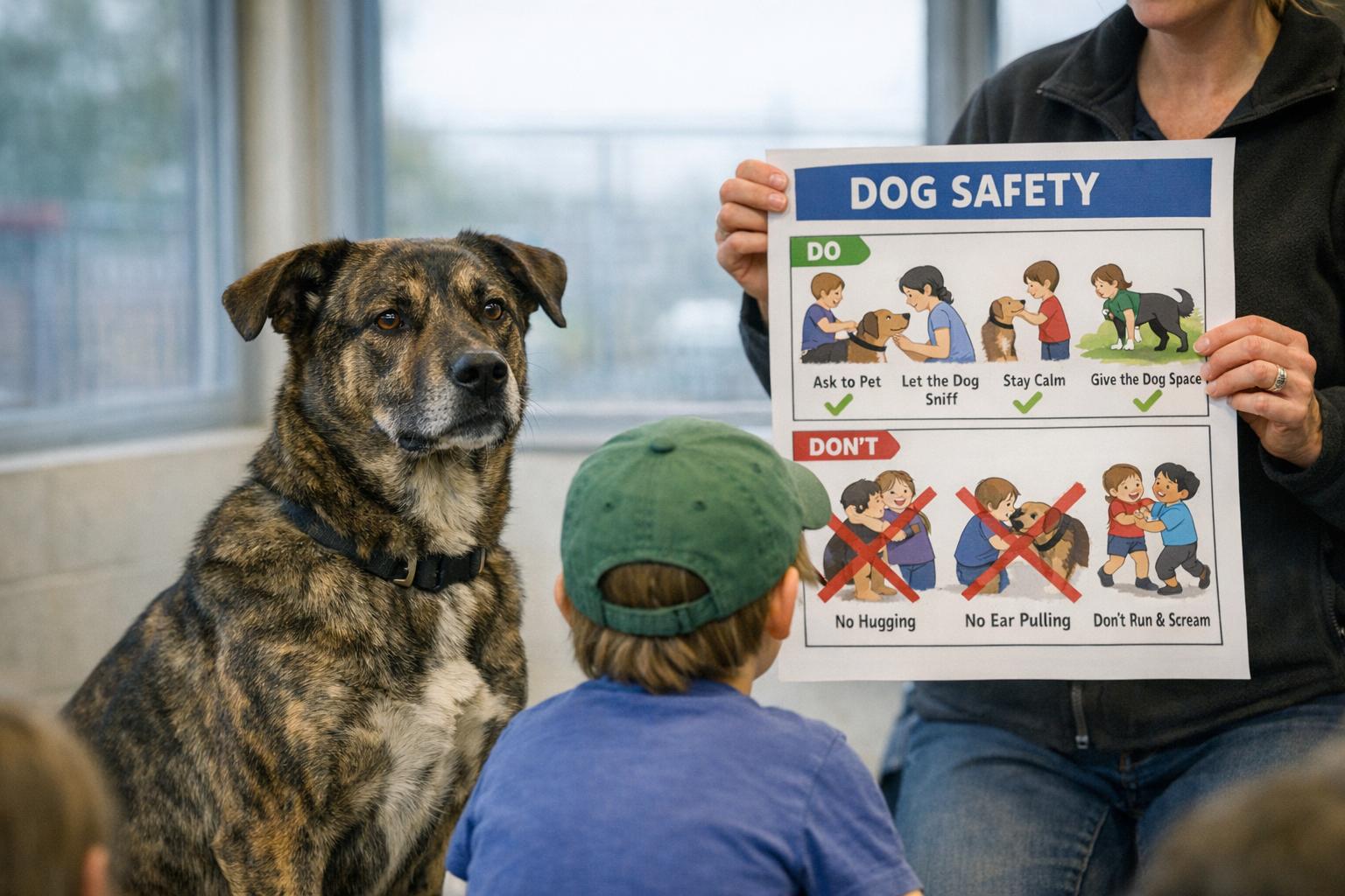 Mixed-breed dog sitting calmly next to a child and trainer in a shelter classroom while an educational poster about dog safety is displayed
