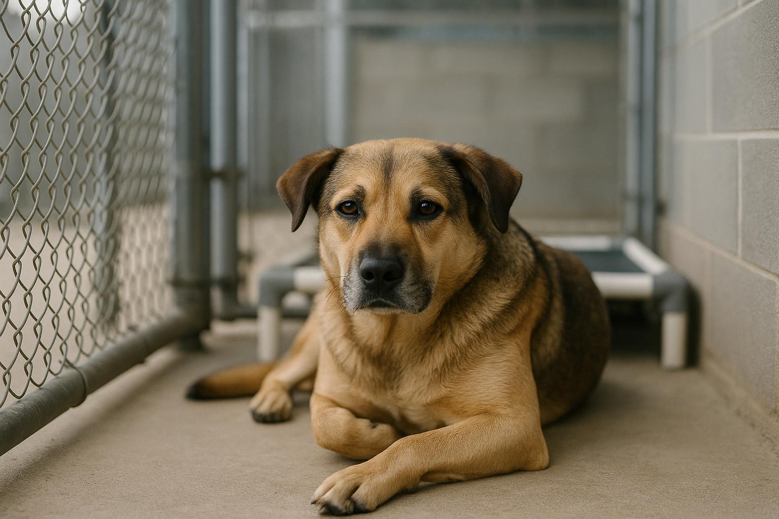 Mixed-breed dog resting in a shelter kennel under soft, diffused light