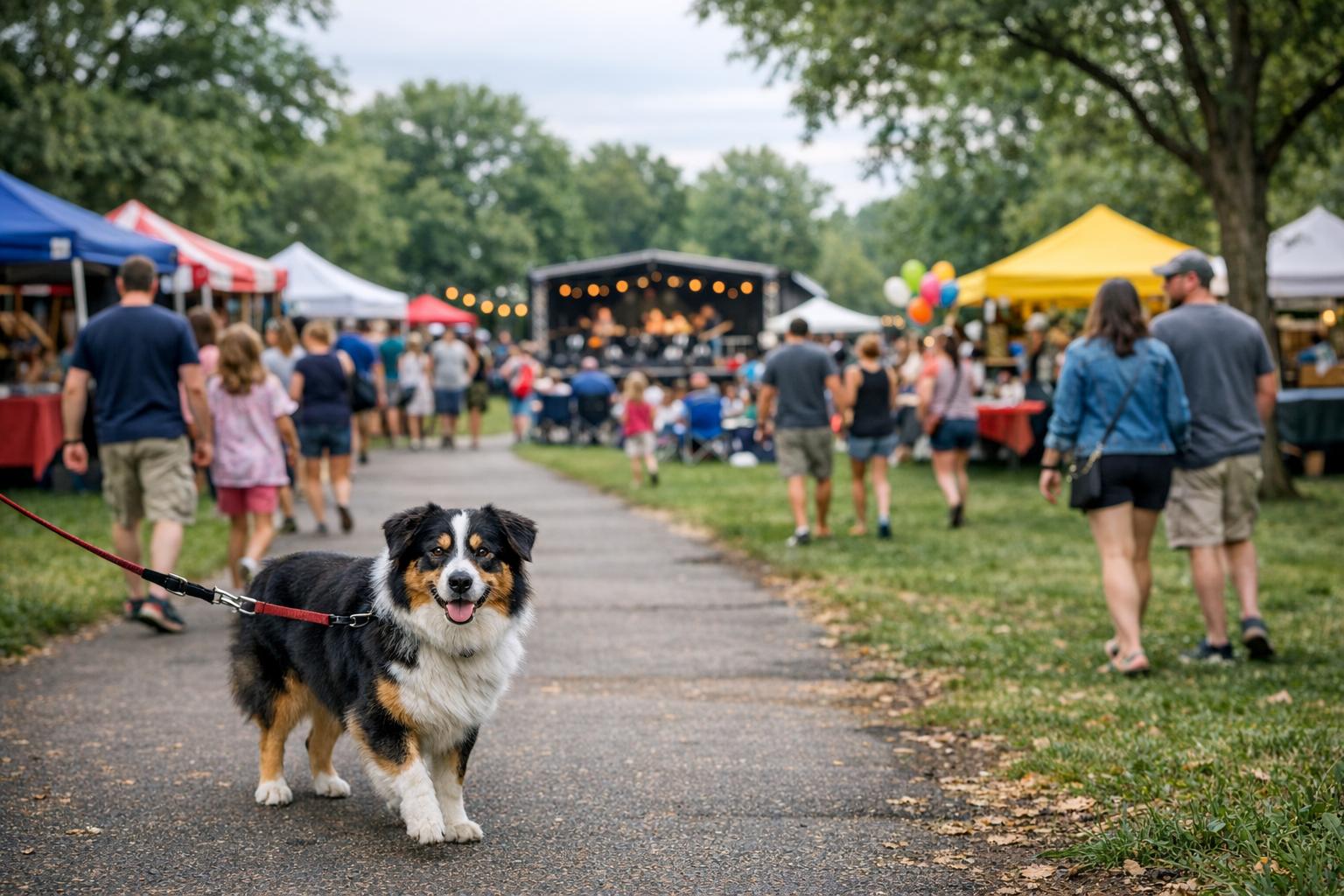 Wide shot of a community festival in a suburban park with tents, a small stage, and a leashed dog in the foreground under overcast skies