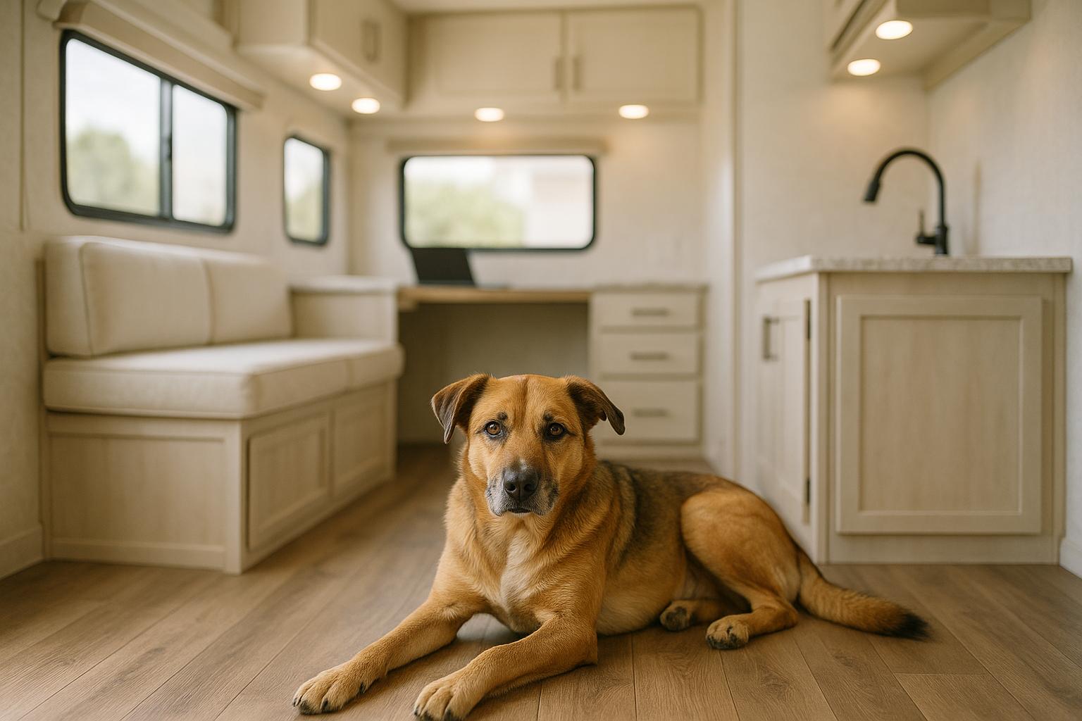 Mixed-breed rescue dog resting inside the remodeled 'Woof Way' motorhome, showing bright, functional interior and durable flooring
