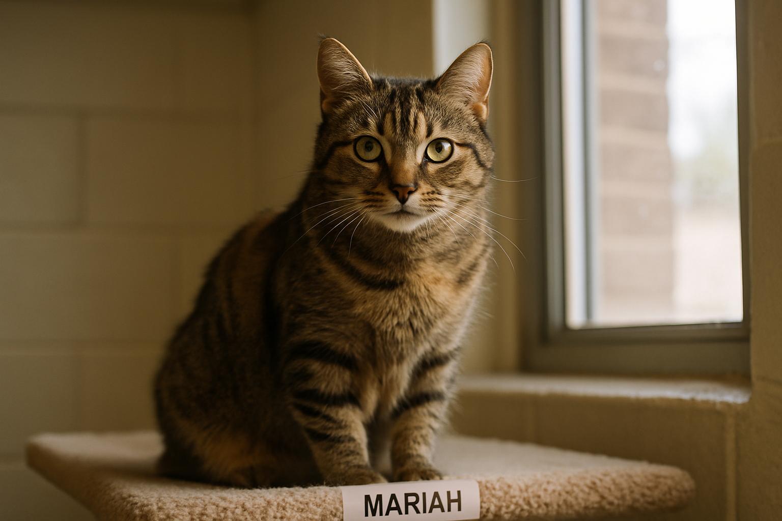 Mariah, a shelter cat at the Woonsocket Cat Sanctuary, sitting on a platform in soft natural light