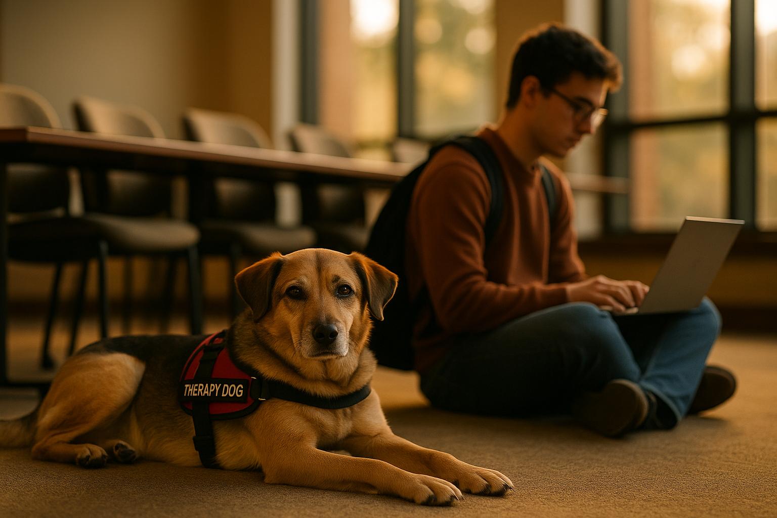Therapy dog resting beside a student in a quiet seating area of a conference room on a college campus