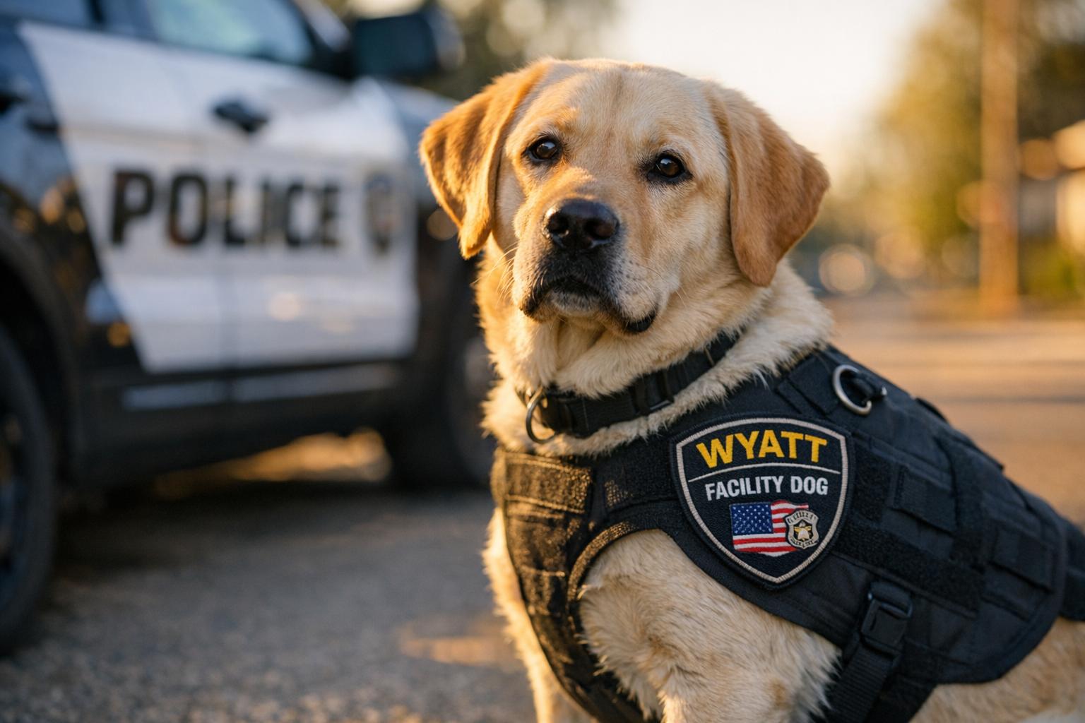 Wyatt, a facility dog wearing a custom working patch, sitting beside a Watertown Police Department cruiser at golden hour.