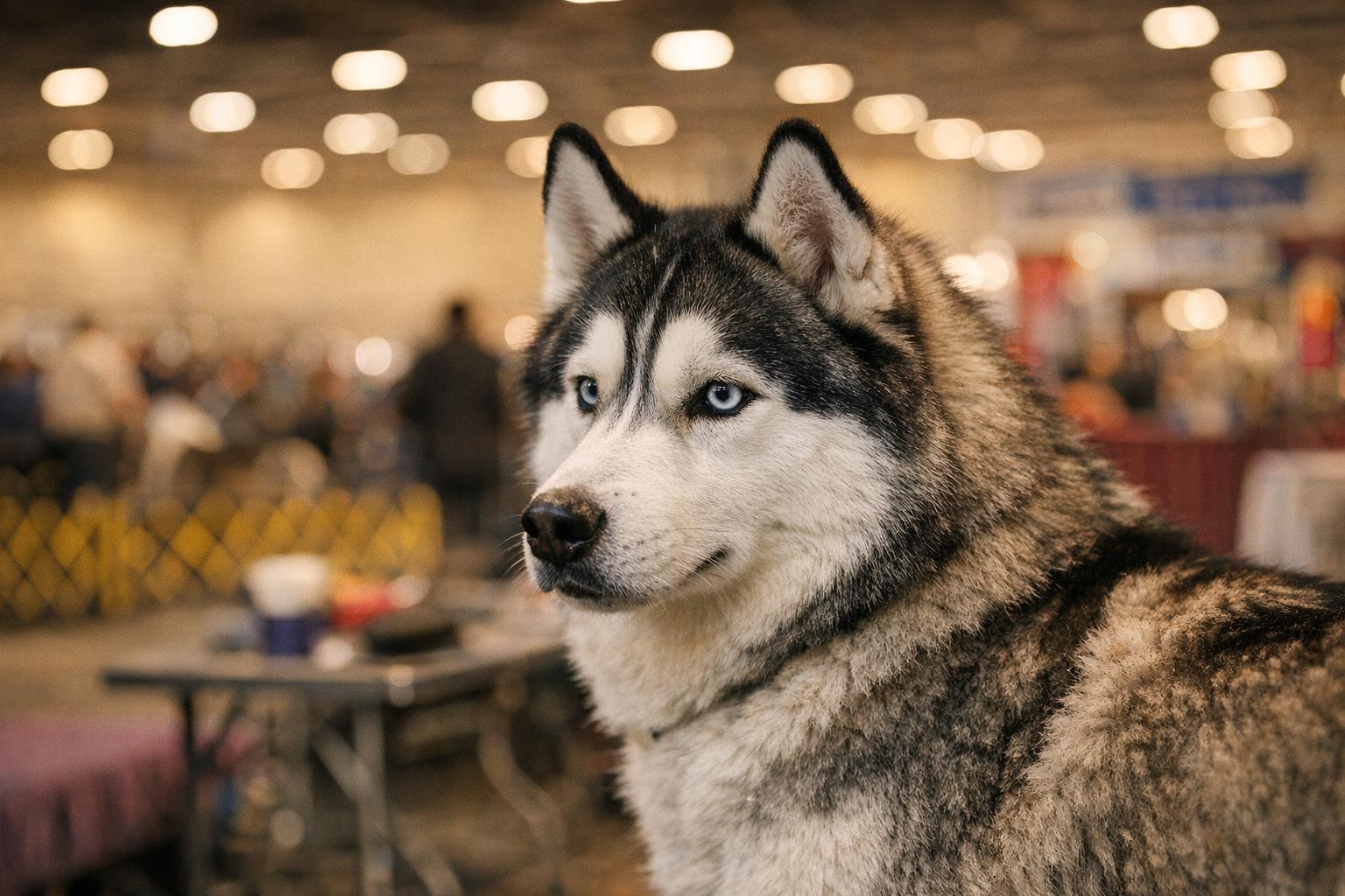 A Siberian husky standing in profile at an indoor dog show, with grooming tables and vendor booths blurred in the background.